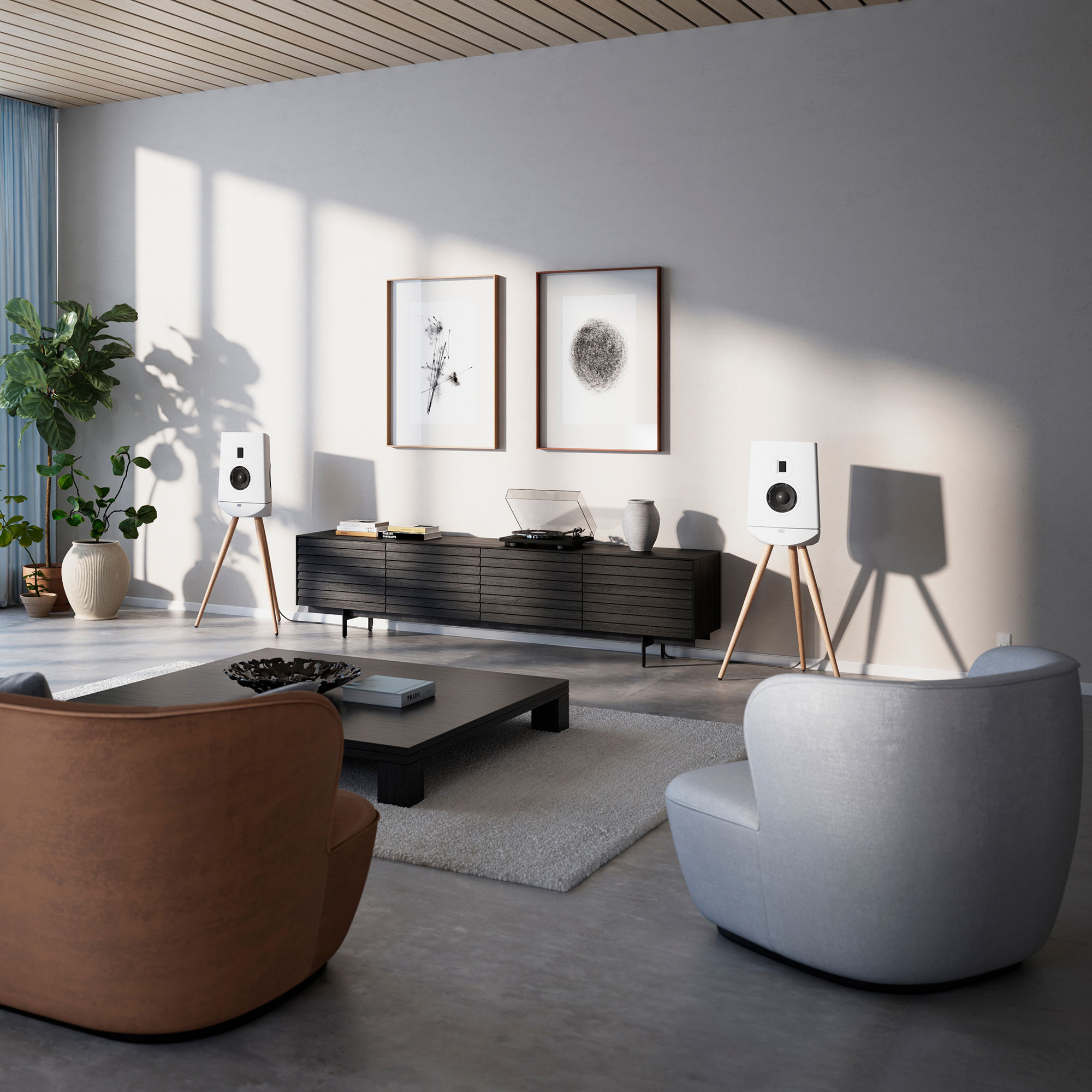 Lyngdorf Cue-100 Weiß-Weiß Bildformat 1zu1 Wohnzimmer mit Schatten Lyngdorf Cue-100 Weiß-Weiß Bildformat 1zu1 Wohnzimmer mit Schatten