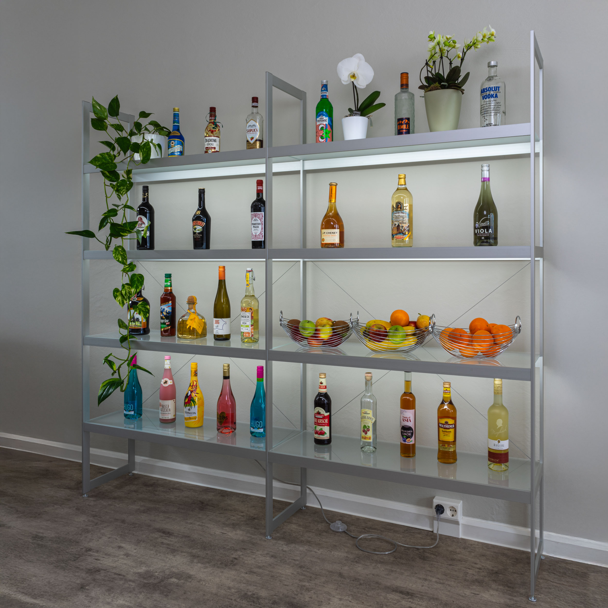 AUDAPHON Lichtregal Größe 200x35x185 mit Alkohol Obst Blumen Bildformat 1zu1