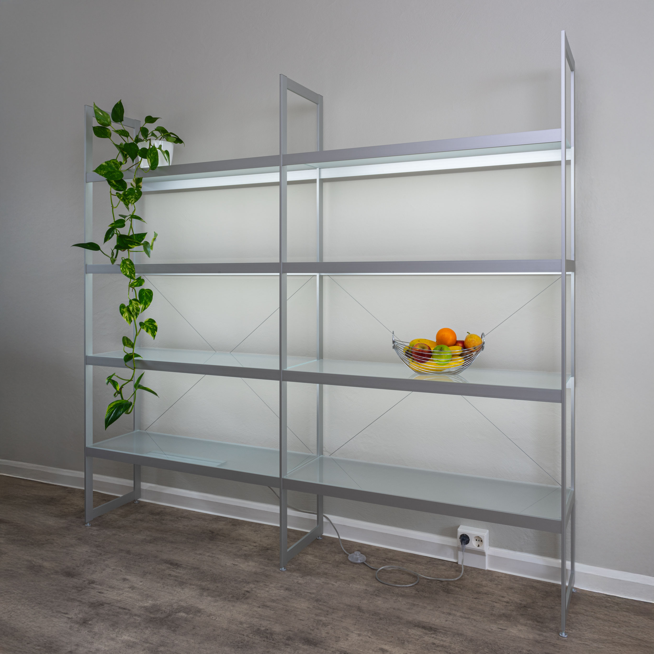 AUDAPHON Lichtregal 200x35x185 mit Blumen Obst graue Wand Bildformat 1zu1