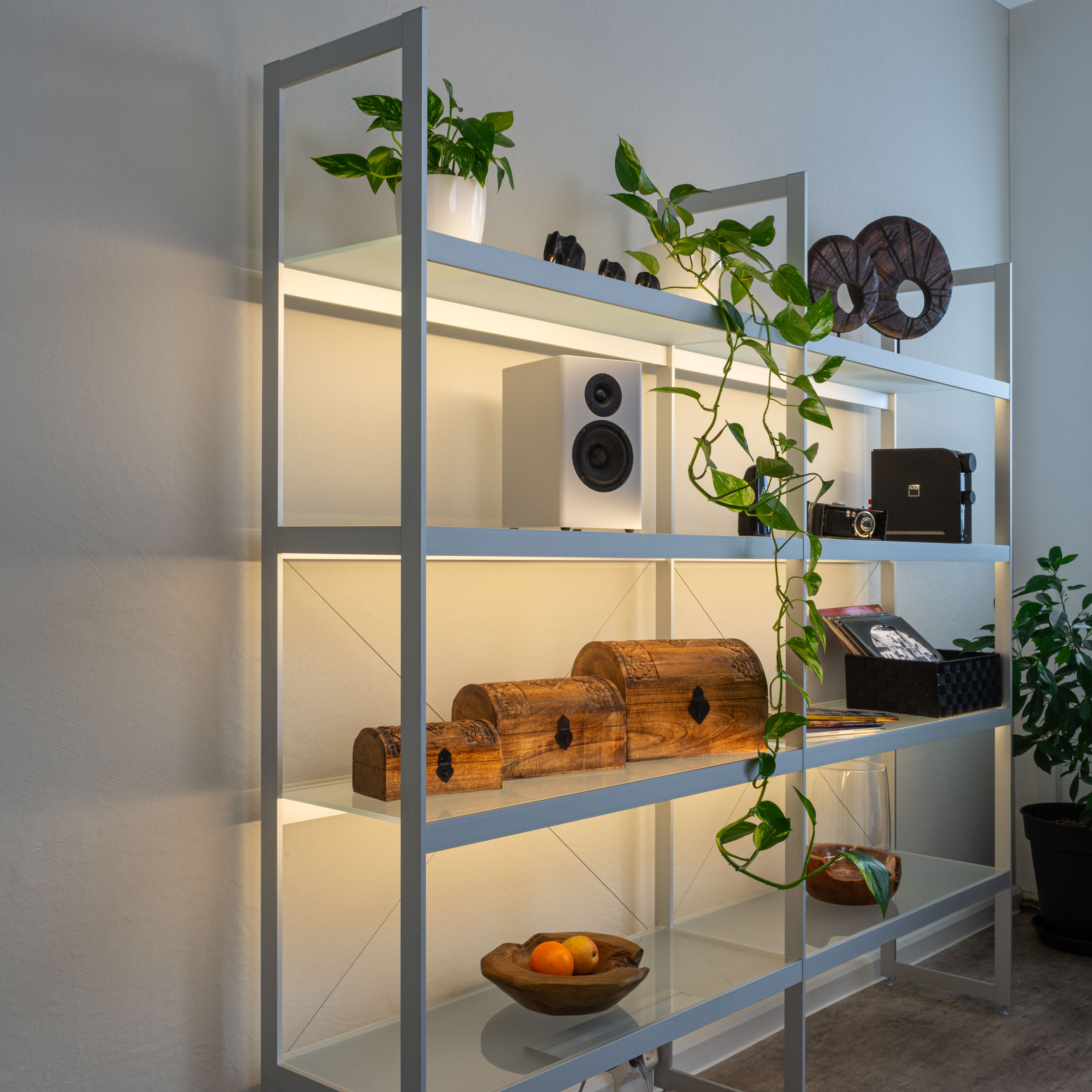 AUDAPHON Lichtregal 200x35x185 Zimmer mit Lautsprecher Blumen Glas Deko Licht Obst Bildformat 1zu1