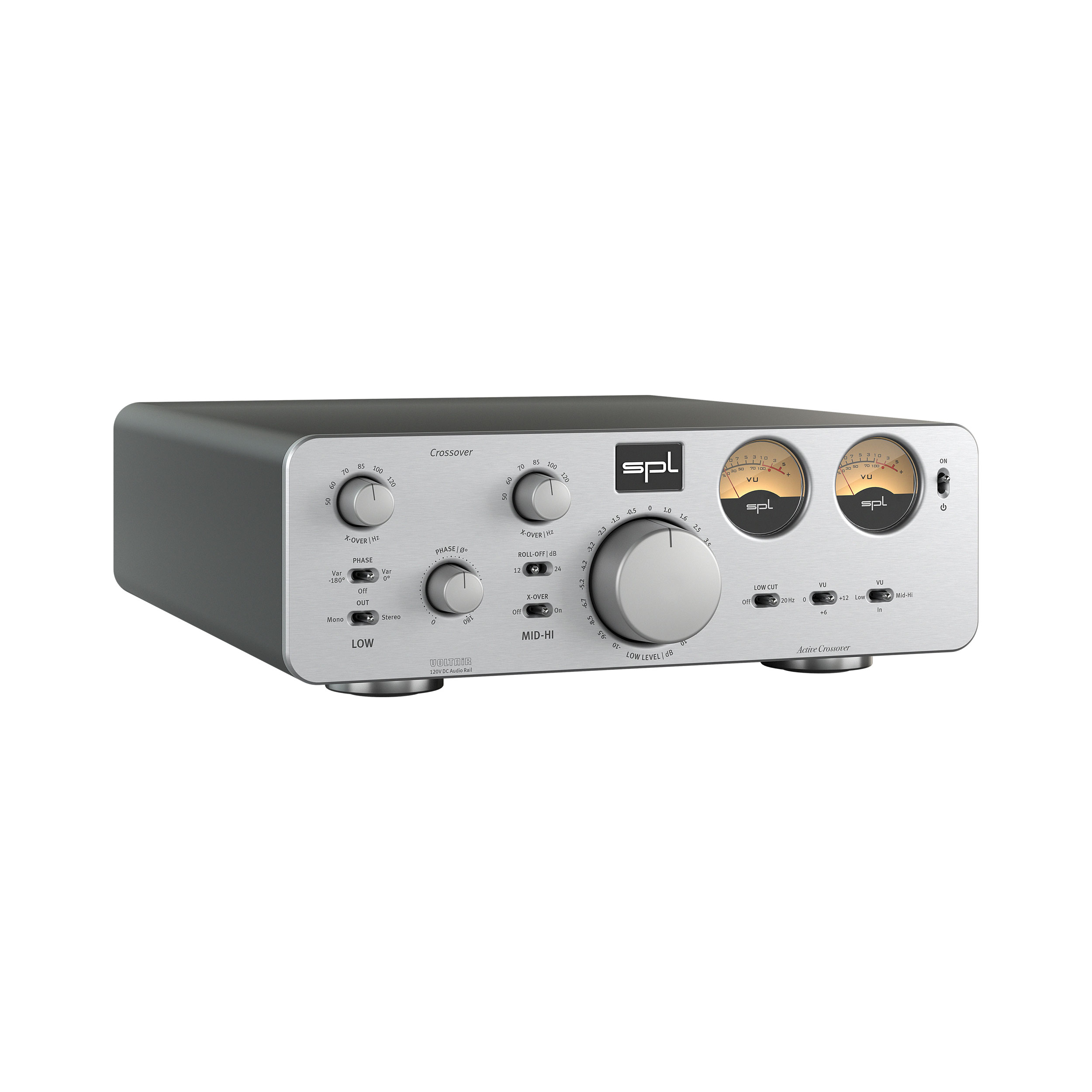 SPL Crossover analoge Frequenzweiche schwarzes Gehäuse linke Seite Front  Silber Bildformat 1zu1 weißer Hintergrund SPL Crossover analoge Frequenzweiche schwarzes Gehäuse linke Seite Front Silber Bildformat 1zu1 weißer Hintergrund