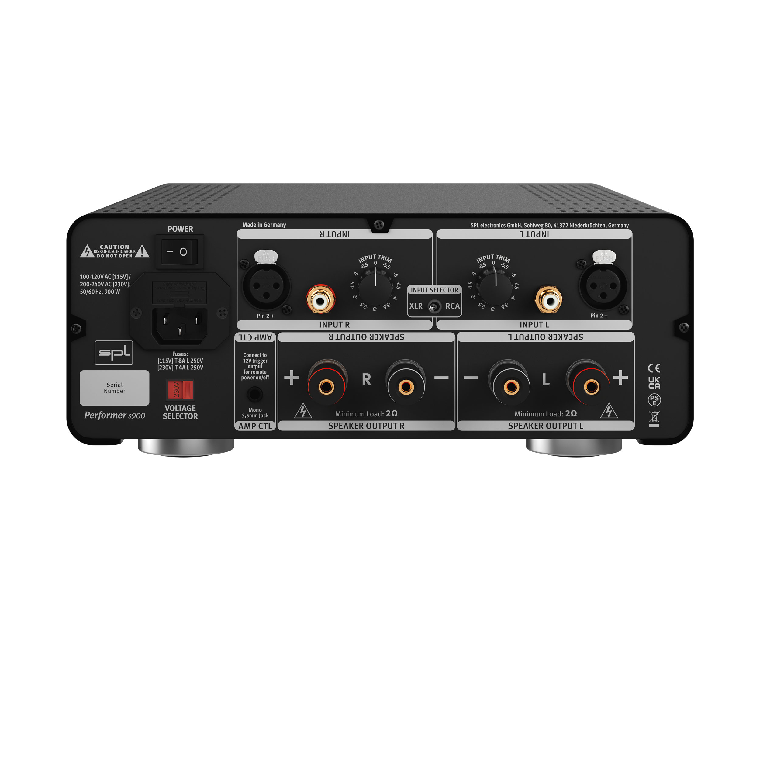 SPL Performer s900 Stereo-Endstufe Back schwarzes Gehäuse Bildformat 1zu1 weißer Hintergrund SPL Performer s900 Stereo-Endstufe Back schwarzes Gehäuse Bildformat 1zu1 weißer Hintergrund
