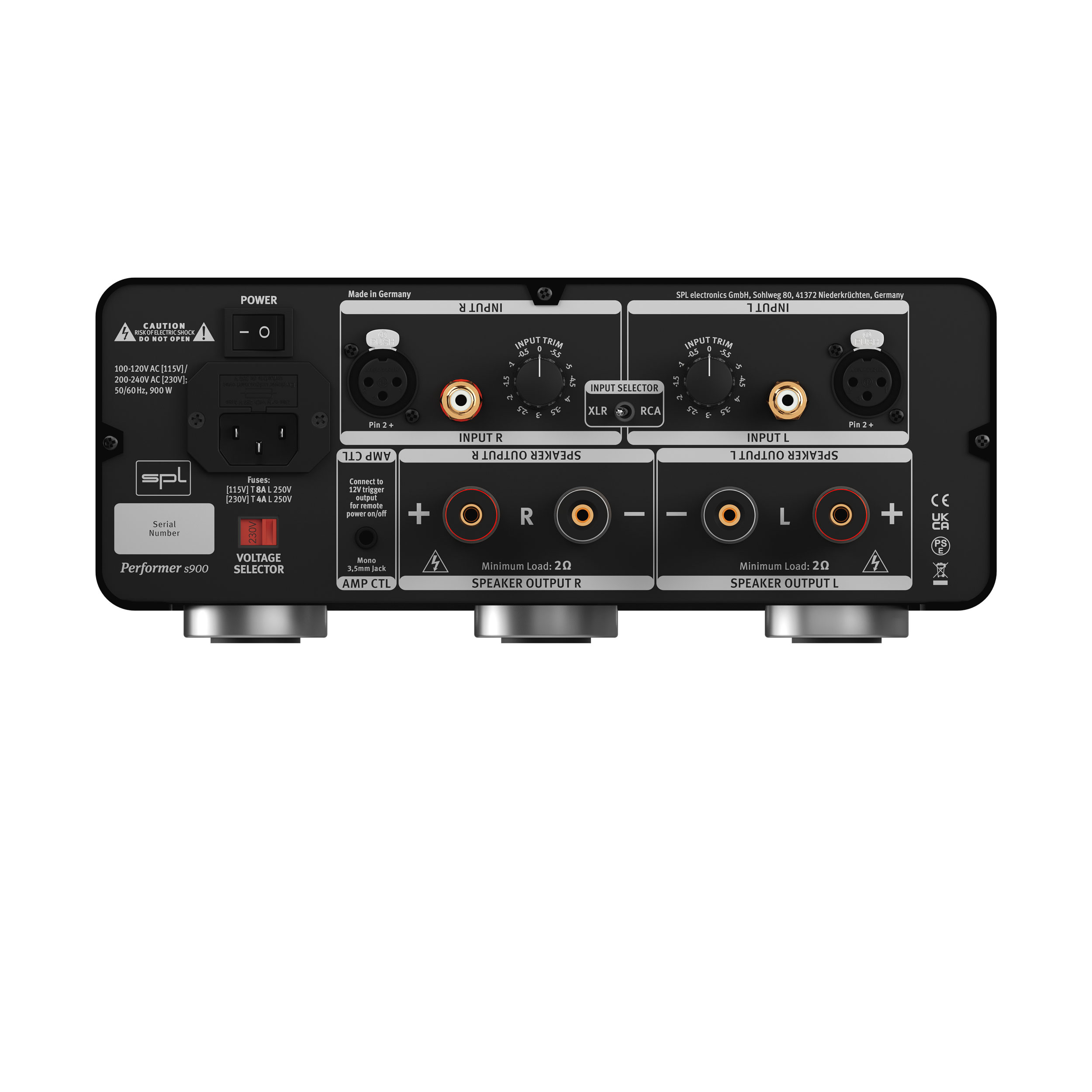 SPL Performer s900 Stereo-Endstufe Back schwarzes Gehäuse Bildformat 1zu1 weißer Hintergrund SPL Performer s900 Stereo-Endstufe Back schwarzes Gehäuse Bildformat 1zu1 weißer Hintergrund