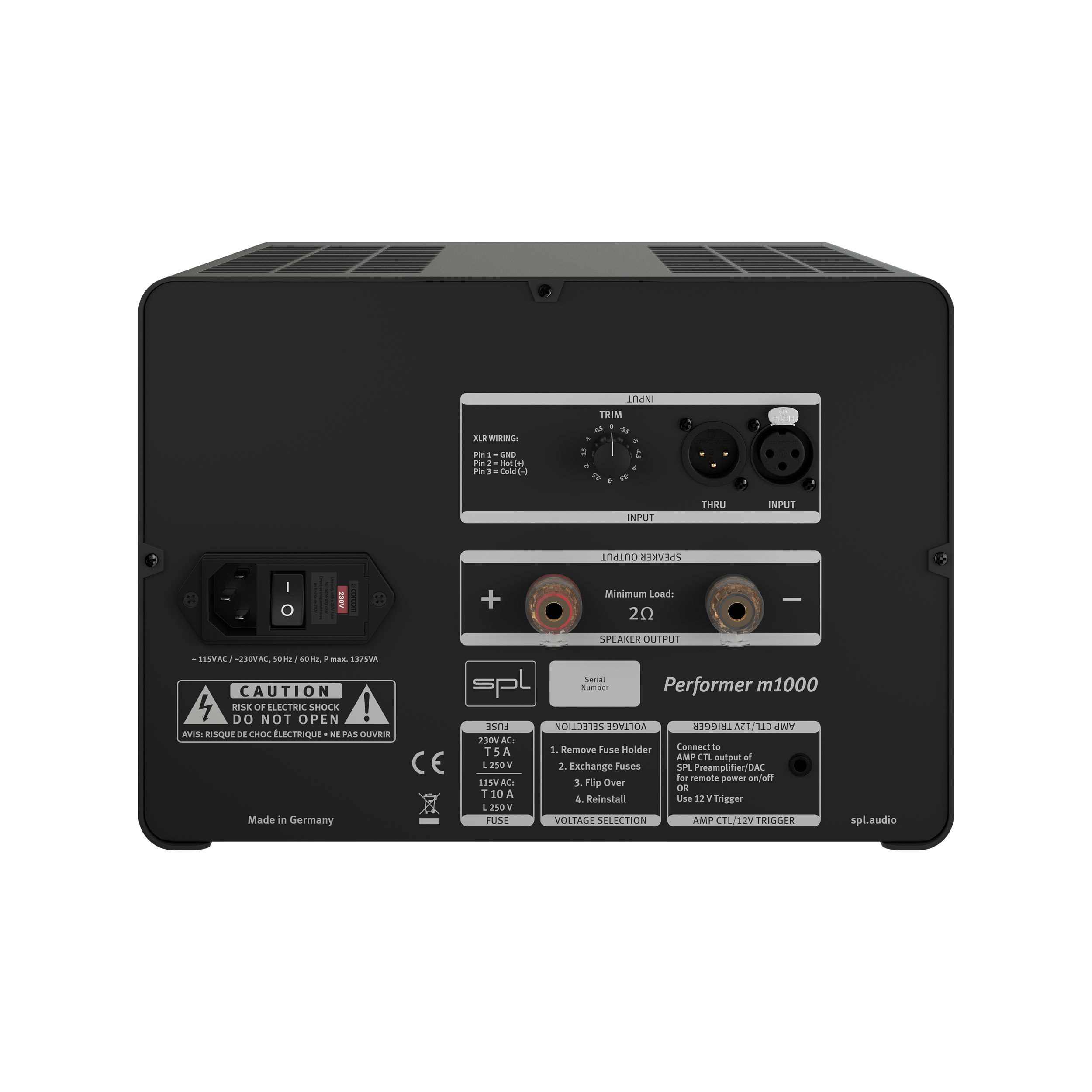 SPL Performer m1000 Mono-Endstufe Back Gehäuse Schwarz Bildformat 1zu1 weißer Hintergrund SPL Performer m1000 Mono-Endstufe Back Gehäuse Schwarz Bildformat 1zu1 weißer Hintergrund
