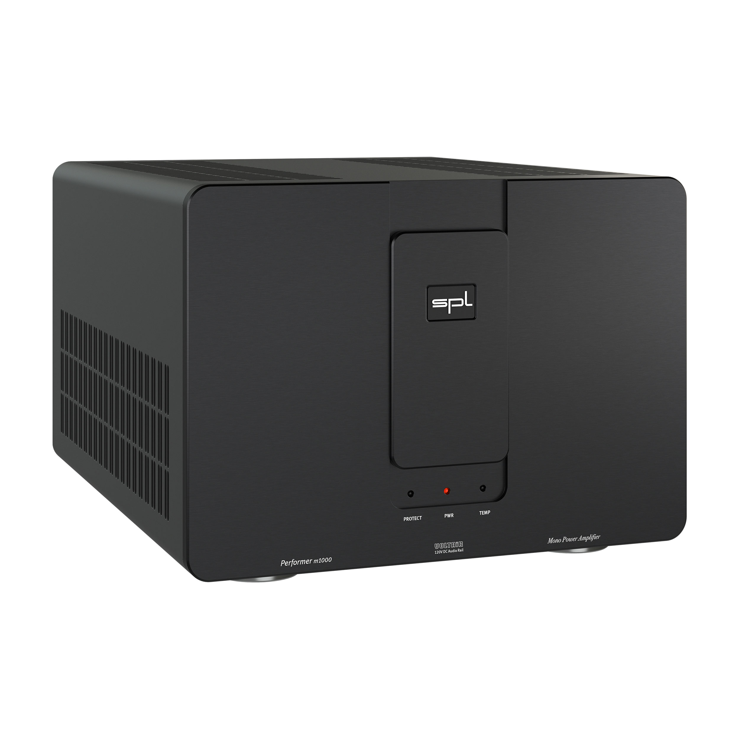 SPL Performer m1000 Mono-Endstufe linke Seite Front Schwarz Gehäuse Schwarz Bildformat 1zu1 weißer Hintergrund SPL Performer m1000 Mono-Endstufe linke Seite Front Schwarz Gehäuse Schwarz Bildformat 1zu1 weißer Hintergrund