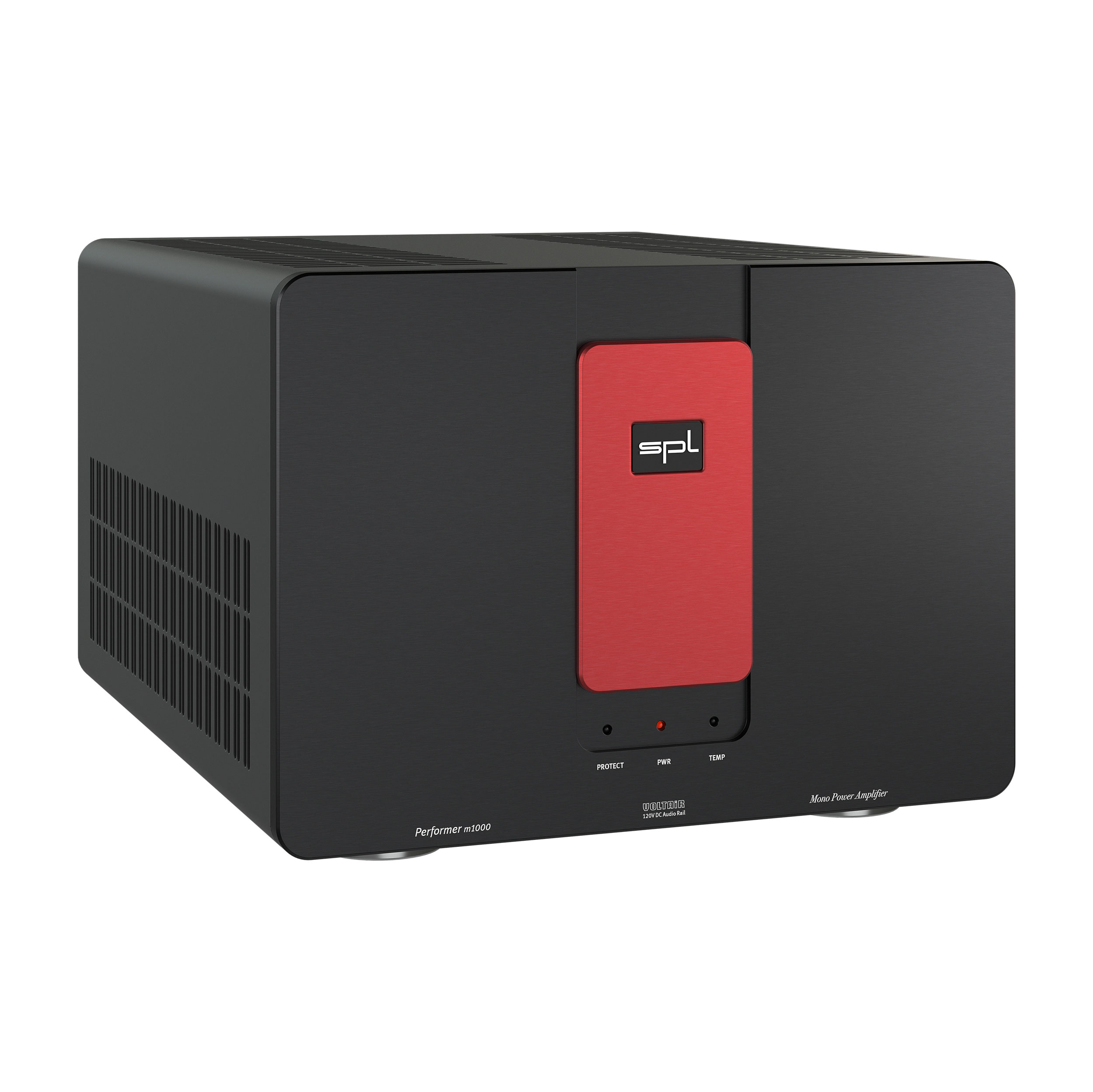 SPL Performer m1000 Mono-Endstufe linke Seite Front Schwarz-Rot Gehäuse Schwarz Bildformat 1zu1 weißer Hintergrund SPL Performer m1000 Mono-Endstufe linke Seite Front Schwarz-Rot Gehäuse Schwarz Bildformat 1zu1 weißer Hintergrund