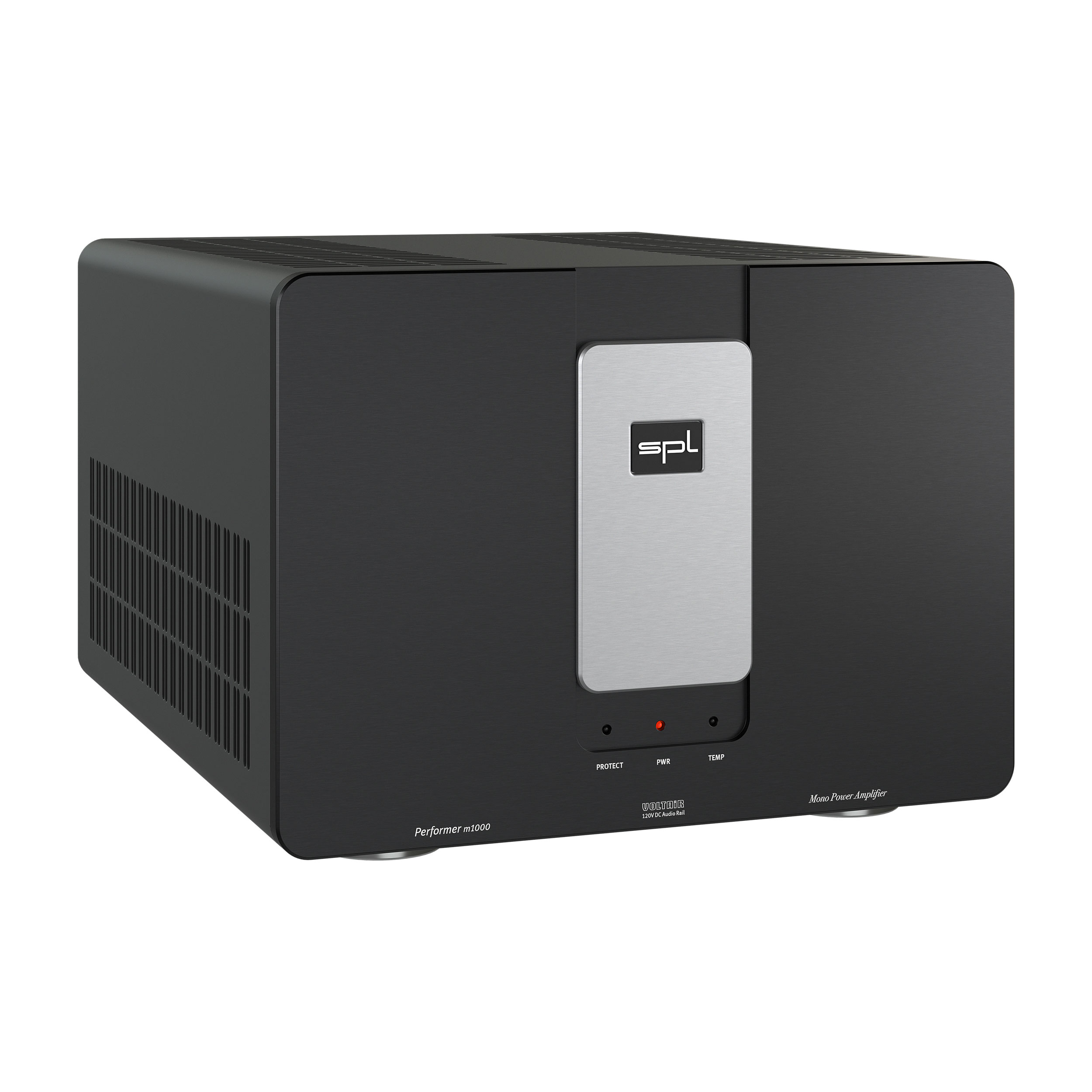 SPL Performer m1000 Mono-Endstufe linke Seite Front Schwarz-Silber Gehäuse Schwarz Bildformat 1zu1 weißer Hintergrund SPL Performer m1000 Mono-Endstufe linke Seite Front Schwarz-Silber Gehäuse Schwarz Bildformat 1zu1 weißer Hintergrund