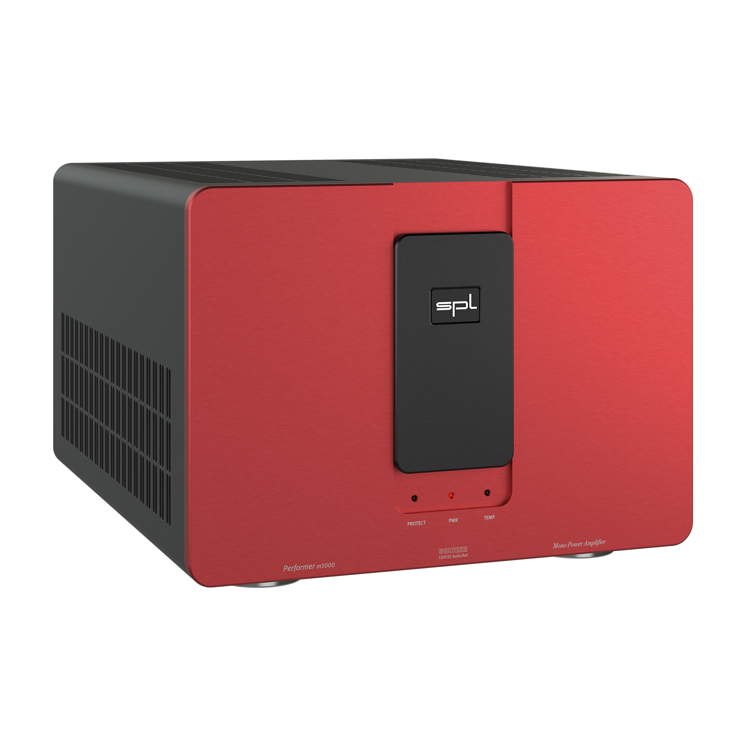 SPL Performer m1000 Mono-Endstufe Linke Seite Gehäuse Schwarz Front Rot-Schwarz Bildformat 1zu1 weißer Hintergrund SPL Performer m1000 Mono-Endstufe Linke Seite Gehäuse Schwarz Front Rot-Schwarz Bildformat 1zu1 weißer Hintergrund