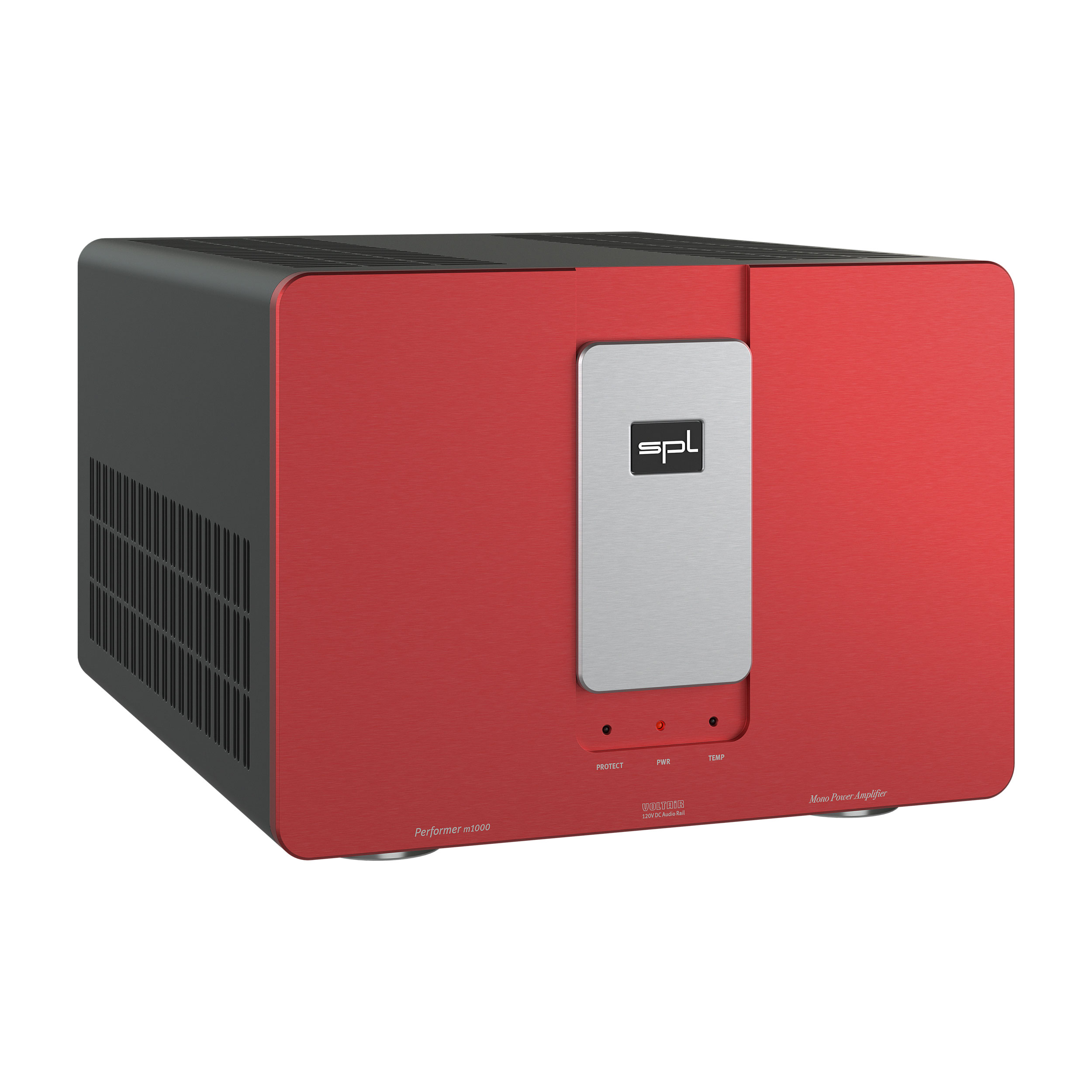 SPL Performer m1000 Mono-Endstufe linke Seite Front Rot-Silber Gehäuse Schwarz Bildformat 1zu1 weißer Hintergrund SPL Performer m1000 Mono-Endstufe linke Seite Front Rot-Silber Gehäuse Schwarz Bildformat 1zu1 weißer Hintergrund