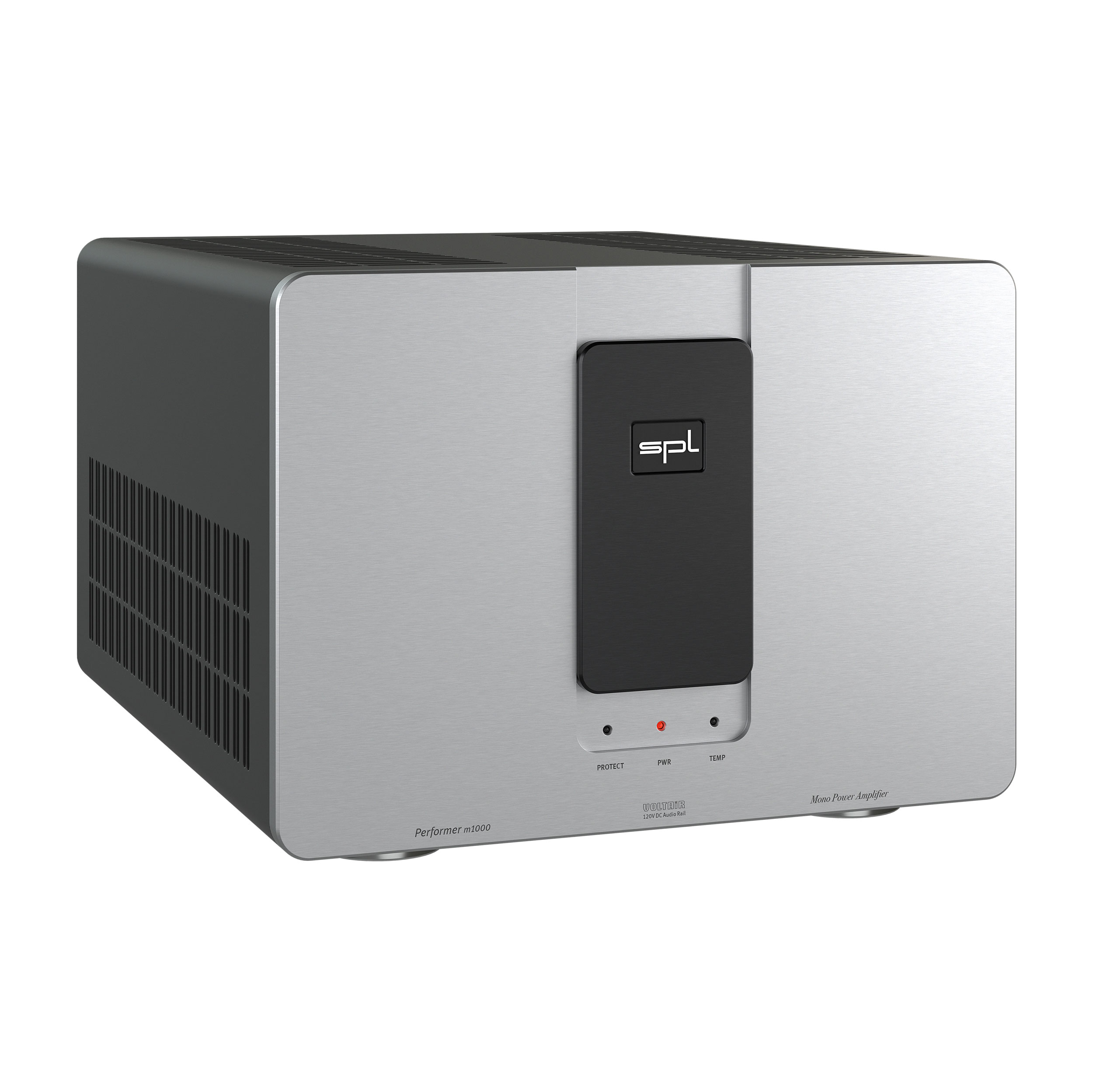 SPL Performer m1000 Mono-Endstufe linke Seite Front Silber-Schwarz Gehäuse Schwarz Bildformat 1zu1 weißer Hintergrund SPL Performer m1000 Mono-Endstufe linke Seite Front Silber-Schwarz Gehäuse Schwarz Bildformat 1zu1 weißer Hintergrund