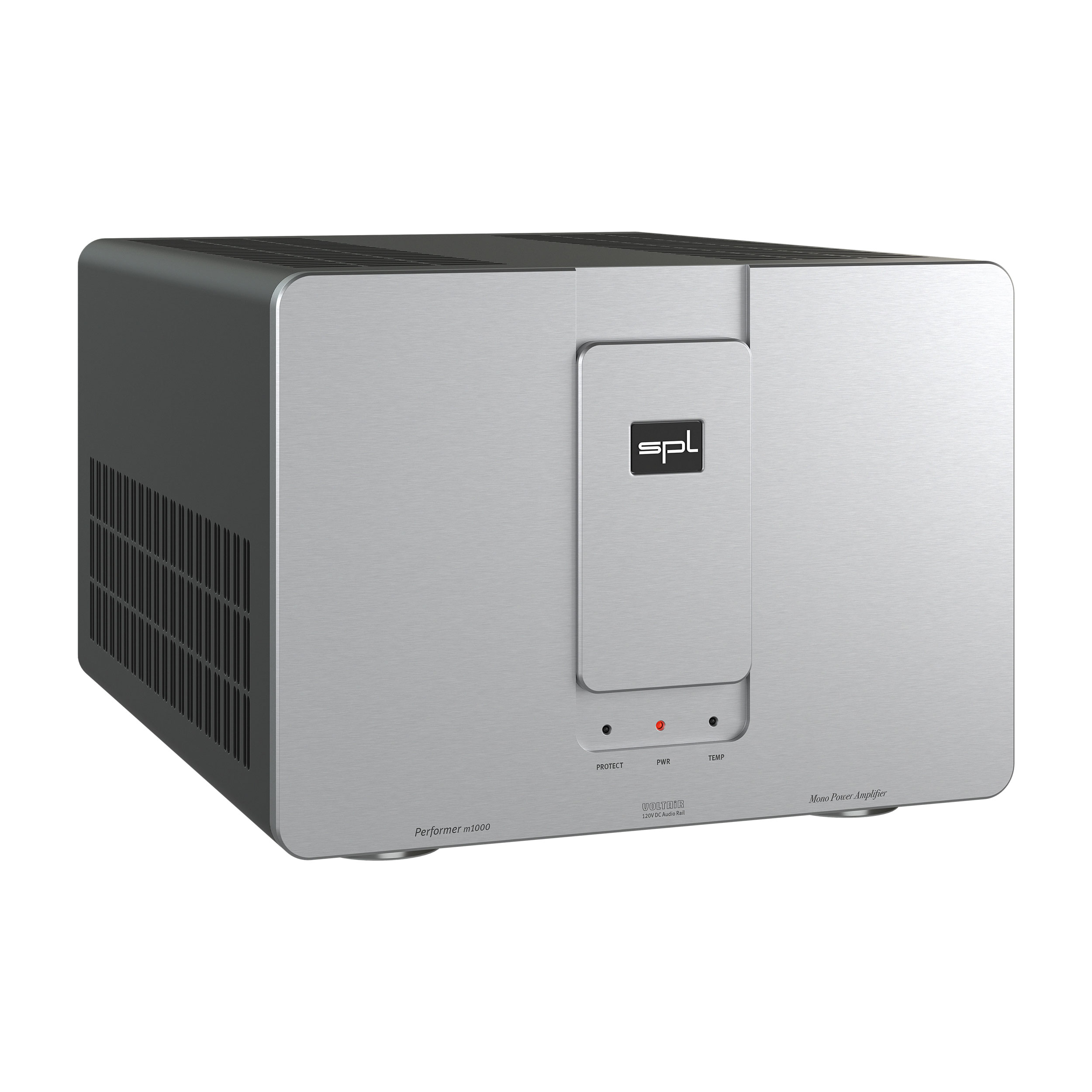 SPL Performer m1000 Mono-Endstufe linke Seite Front Silber-Silber Gehäuse Schwarz Bildformat 1zu1 weißer Hintergrund SPL Performer m1000 Mono-Endstufe linke Seite Front Silber-Silber Gehäuse Schwarz Bildformat 1zu1 weißer Hintergrund