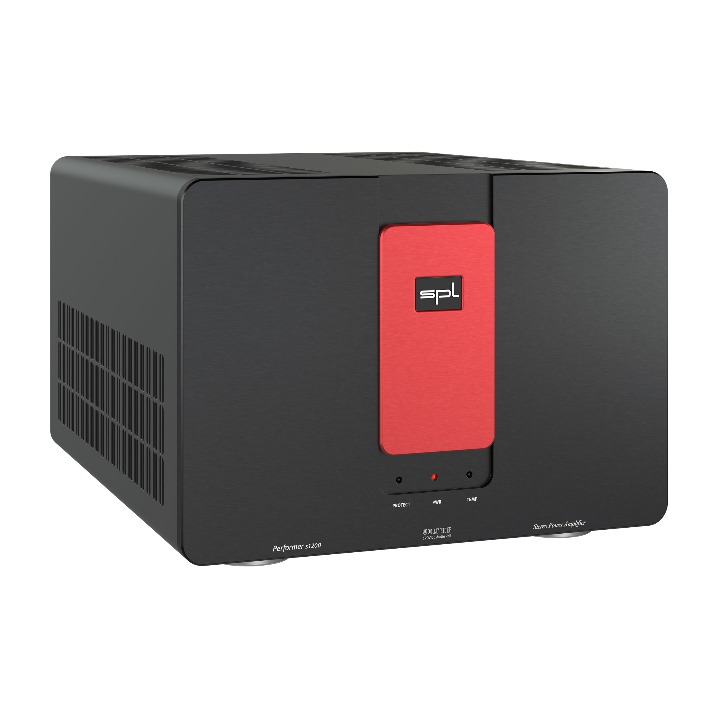 SPL Performer s1200 Stereo-Endstufe linke Seite Front Schwarz-Rot Gehäuse Schwarz Bildformat 1zu1 weißer Hintergrund SPL Performer s1200 Stereo-Endstufe linke Seite Front Schwarz-Rot Gehäuse Schwarz Bildformat 1zu1 weißer Hintergrund
