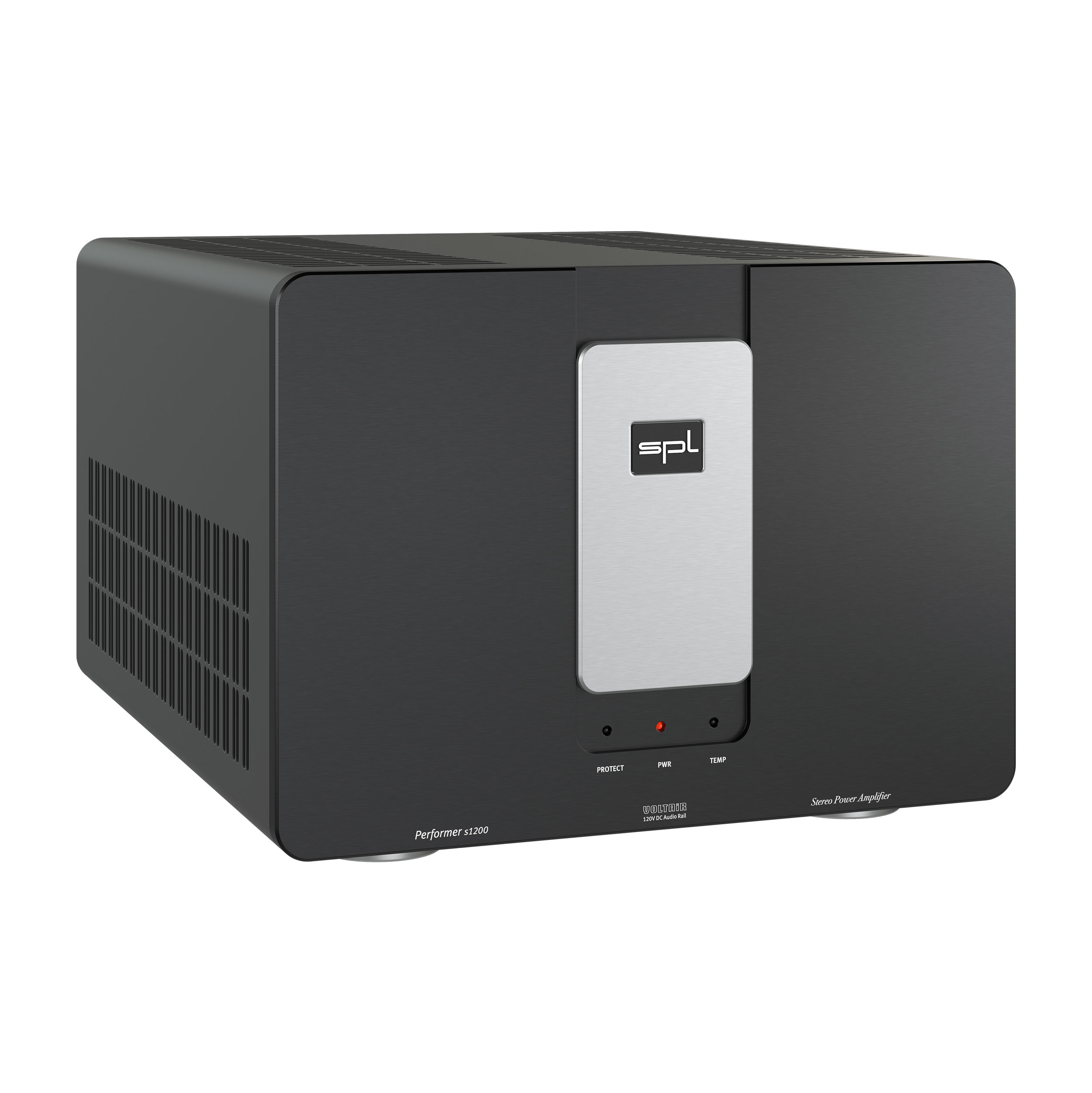 SPL Performer s1200 Stereo-Endstufe linke Seite Front Schwarz-Silber Gehäuse Schwarz Bildformat 1zu1 weißer Hintergrund SPL Performer s1200 Stereo-Endstufe linke Seite Front Schwarz-Silber Gehäuse Schwarz Bildformat 1zu1 weißer Hintergrund