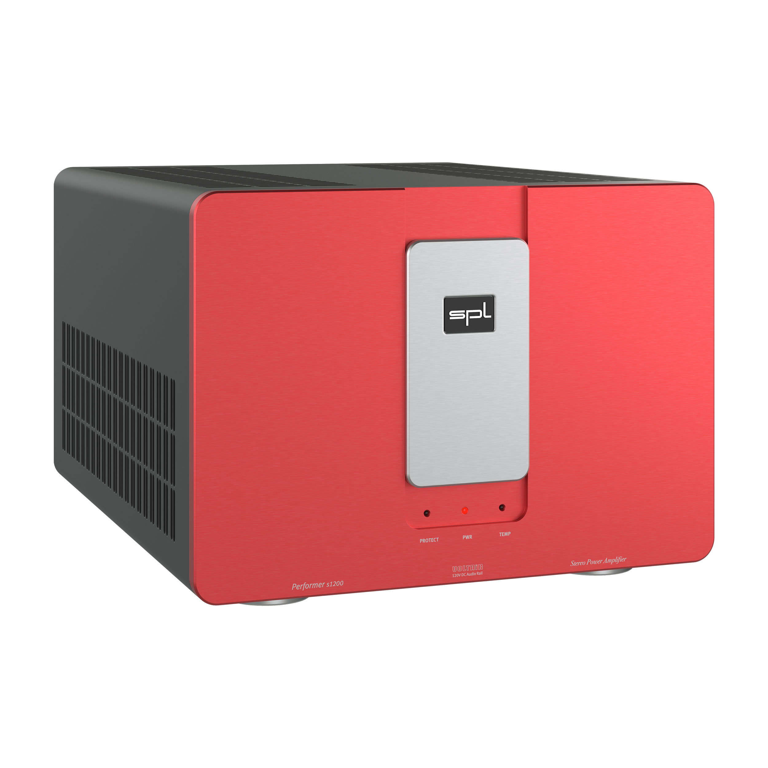 SPL Performer s1200 Stereo-Endstufe linke Seite Front Rot-Silber Gehäuse Schwarz Bildformat 1zu1 weißer Hintergrund SPL Performer s1200 Stereo-Endstufe linke Seite Front Rot-Silber Gehäuse Schwarz Bildformat 1zu1 weißer Hintergrund
