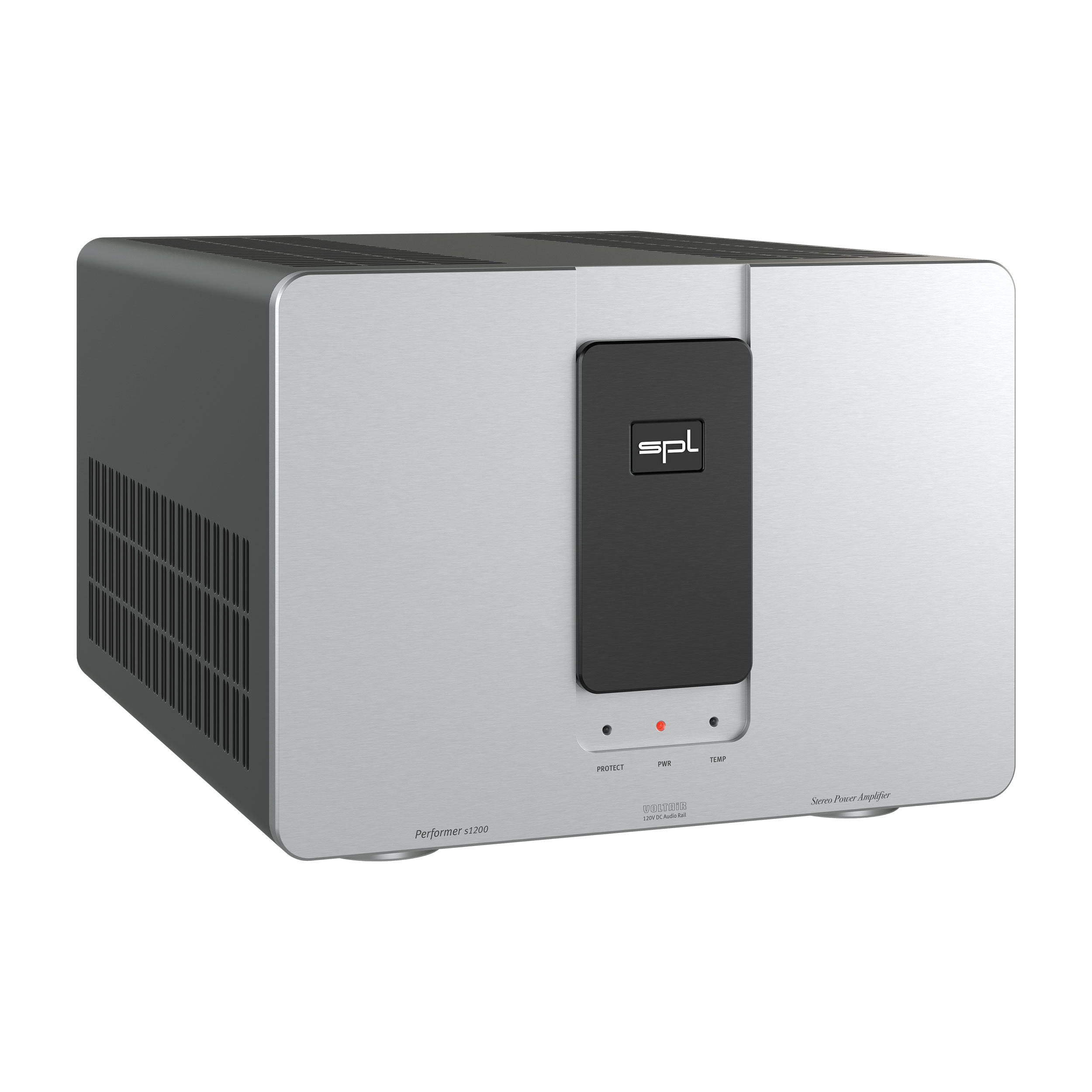 SPL Performer s1200 Stereo-Endstufe linke Seite Front Silber-Schwarz Gehäuse Schwarz Bildformat 1zu1 weißer Hintergrund SPL Performer s1200 Stereo-Endstufe linke Seite Front Silber-Schwarz Gehäuse Schwarz Bildformat 1zu1 weißer Hintergrund
