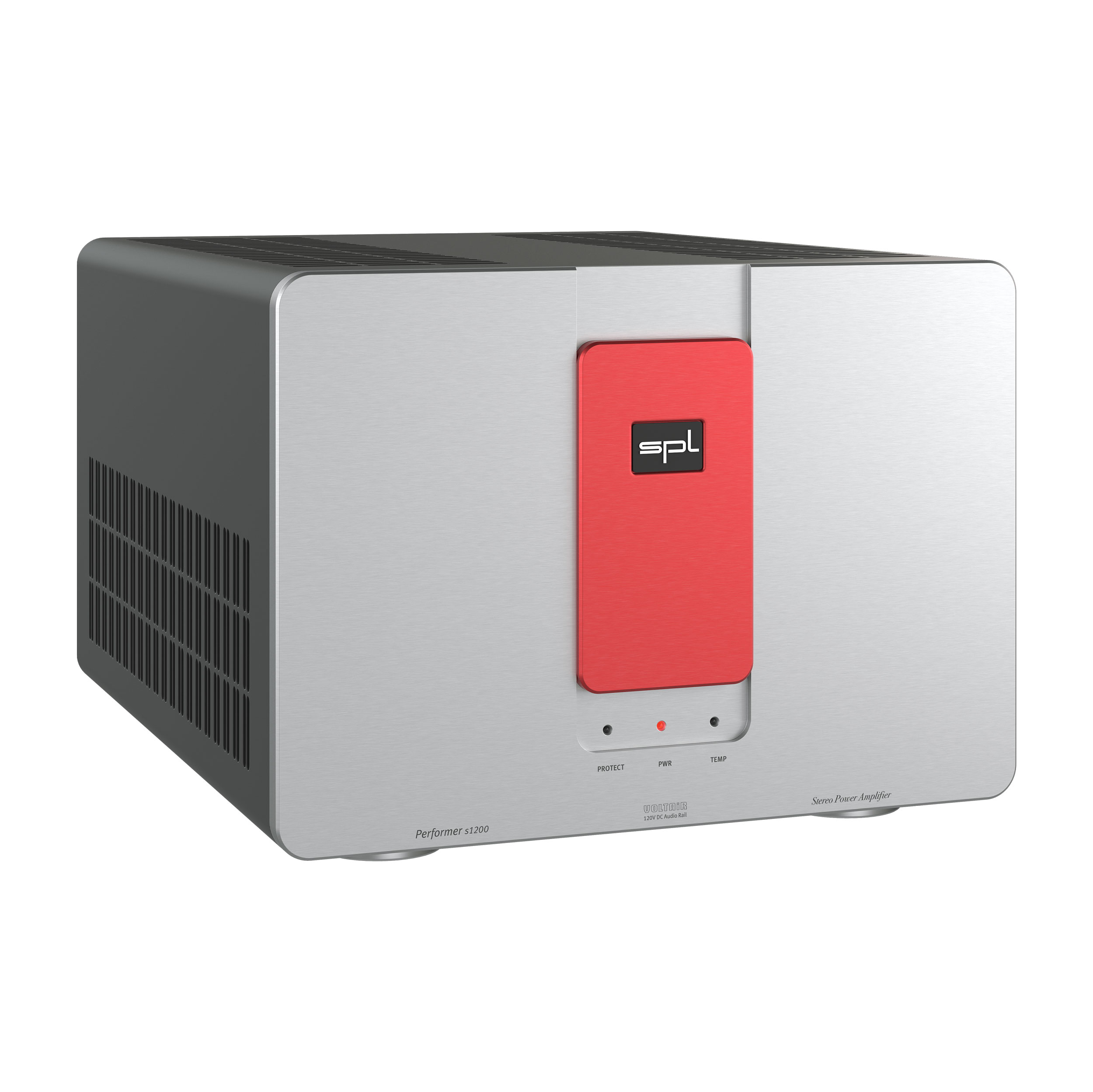 SPL Performer s1200 Stereo-Endstufe linke Seite Front Silber-Rot Gehäuse Schwarz Bildformat 1zu1 weißer Hintergrund SPL Performer s1200 Stereo-Endstufe linke Seite Front Silber-Rot Gehäuse Schwarz Bildformat 1zu1 weißer Hintergrund