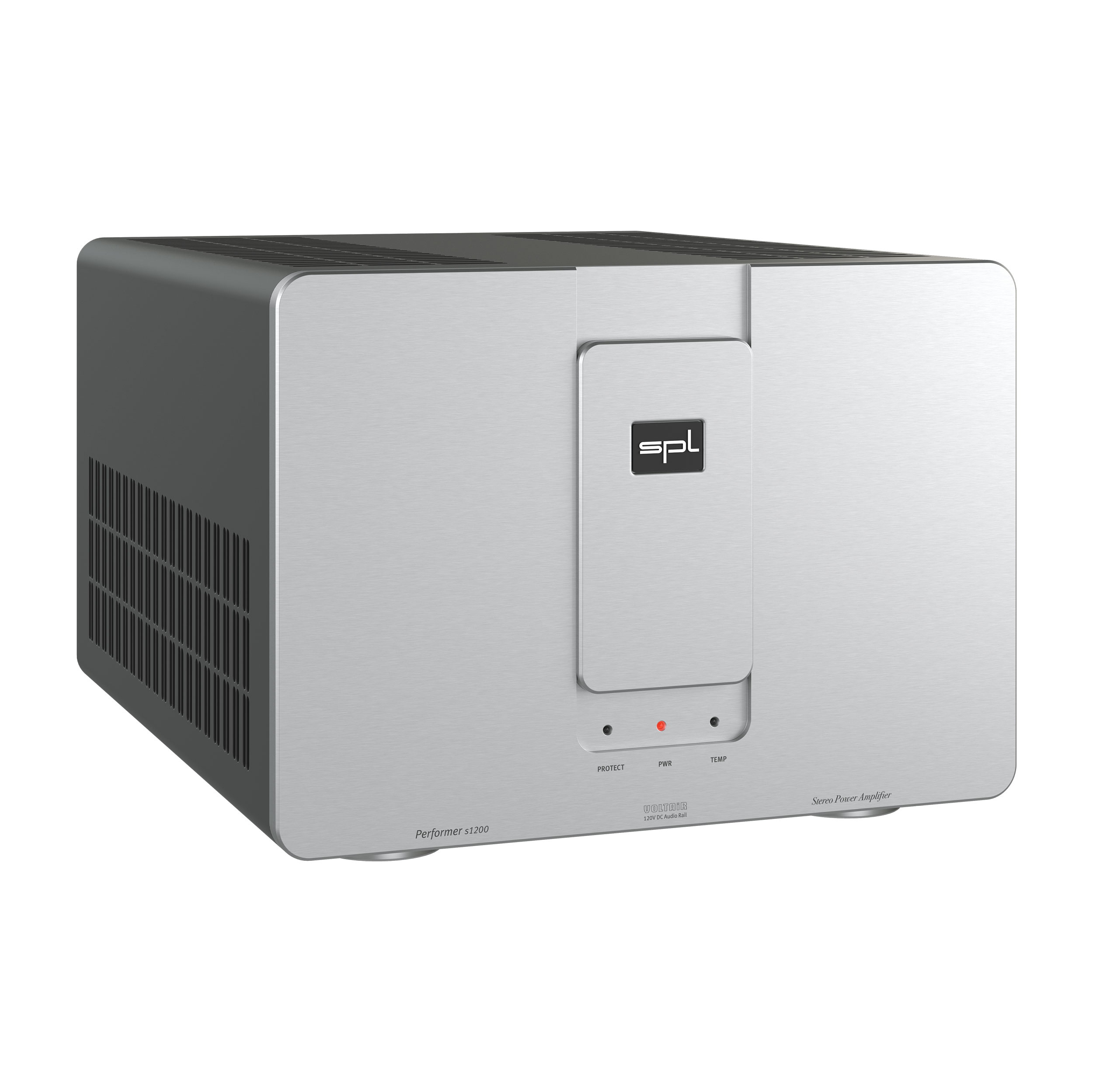 SPL Performer s1200 Stereo-Endstufe linke Seite Front Silber-Silber Gehäuse Schwarz Bildformat 1zu1 weißer Hintergrund SPL Performer s1200 Stereo-Endstufe linke Seite Front Silber-Silber Gehäuse Schwarz Bildformat 1zu1 weißer Hintergrund