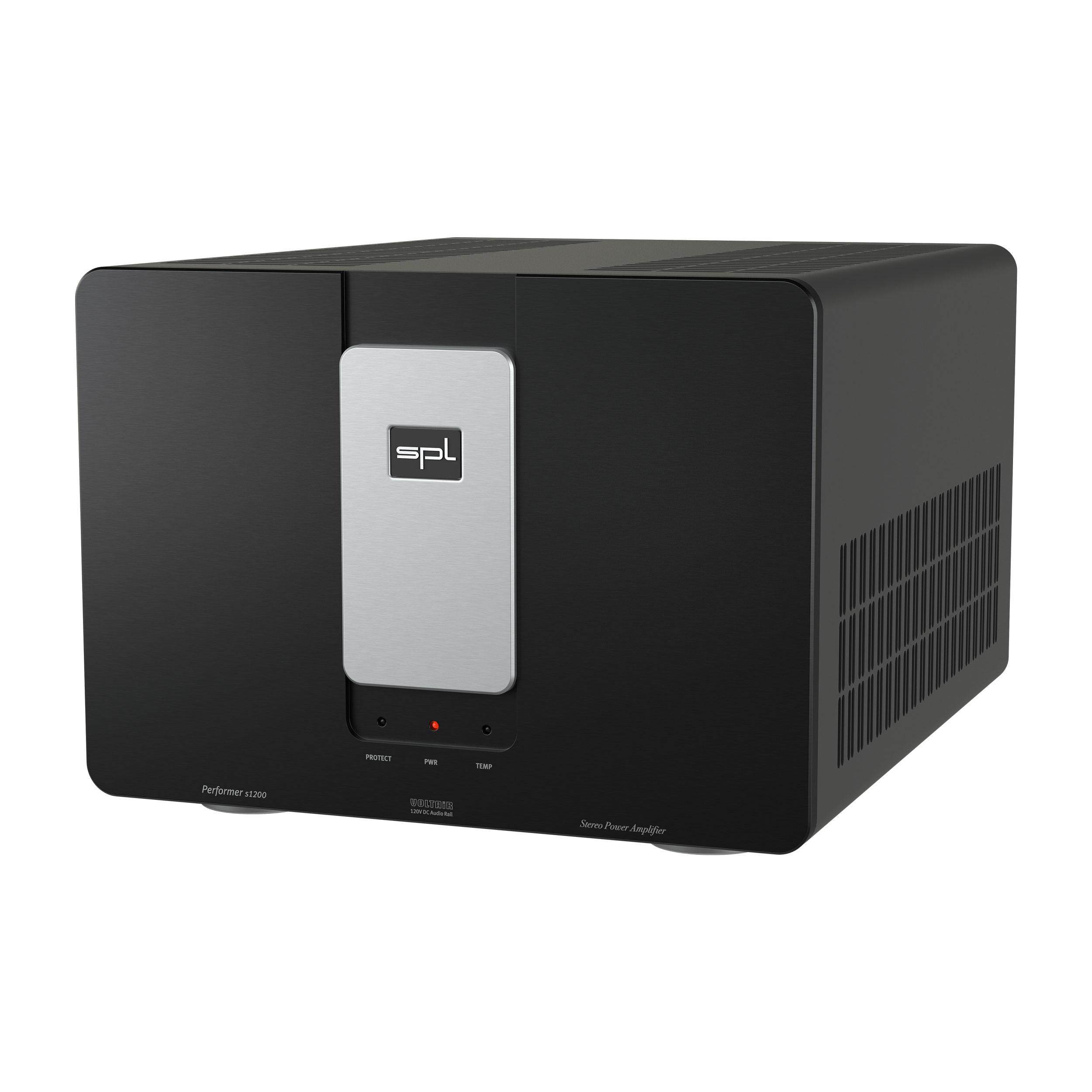 SPL Performer s1200 Stereo-Endstufe rechte Seite Front Schwarz-Silber Gehäuse Schwarz Bildformat 1zu1 weißer Hintergrund SPL Performer s1200 Stereo-Endstufe rechte Seite Front Schwarz-Silber Gehäuse Schwarz Bildformat 1zu1 weißer Hintergrund