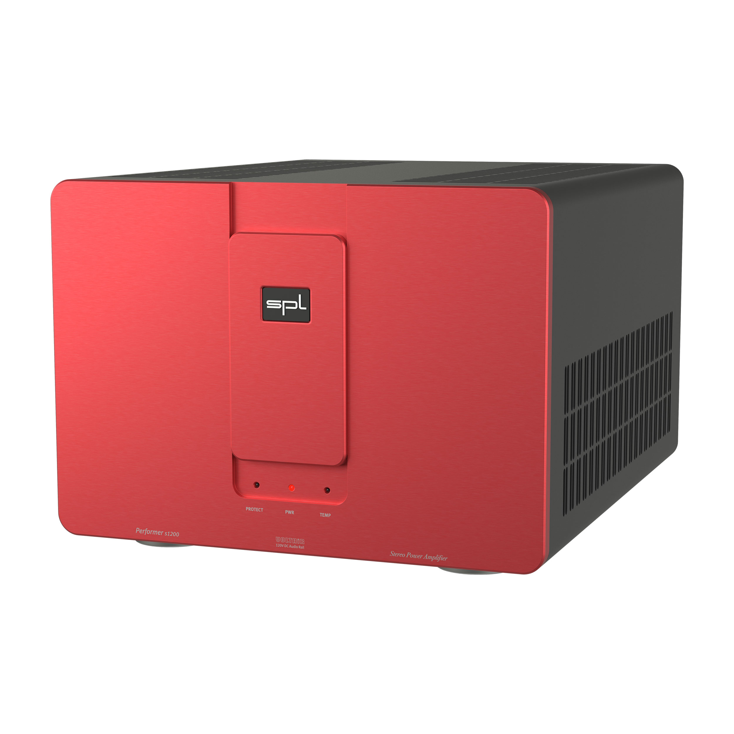 SPL Performer s1200 Stereo-Endstufe rechte Seite Front Rot-Rot Gehäuse Schwarz Bildformat 1zu1 weißer Hintergrund SPL Performer s1200 Stereo-Endstufe rechte Seite Front Rot-Rot Gehäuse Schwarz Bildformat 1zu1 weißer Hintergrund