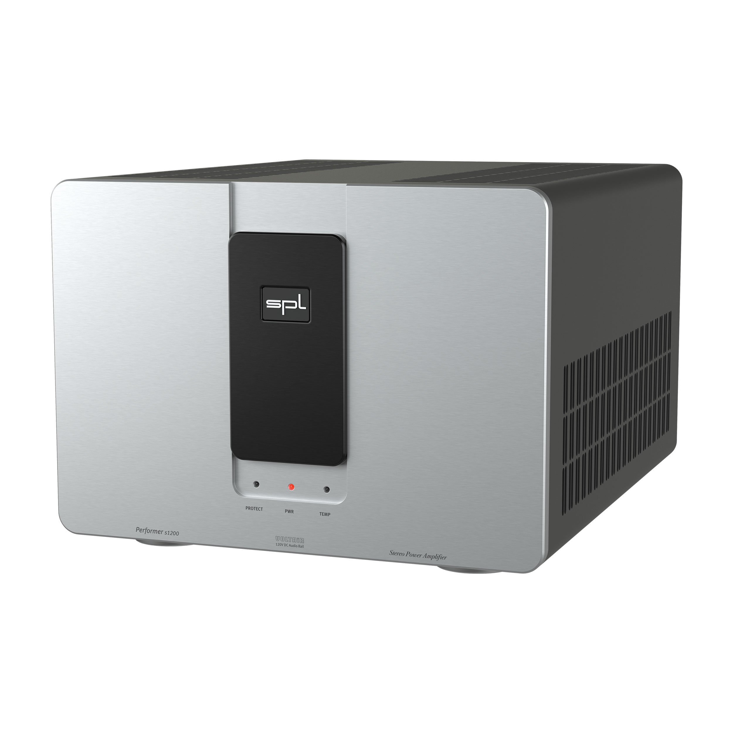 SPL Performer s1200 Stereo-Endstufe rechte Seite Front Silber-Schwarz Gehäuse Schwarz Bildformat 1zu1 weißer Hintergrund SPL Performer s1200 Stereo-Endstufe rechte Seite Front Silber-Schwarz Gehäuse Schwarz Bildformat 1zu1 weißer Hintergrund