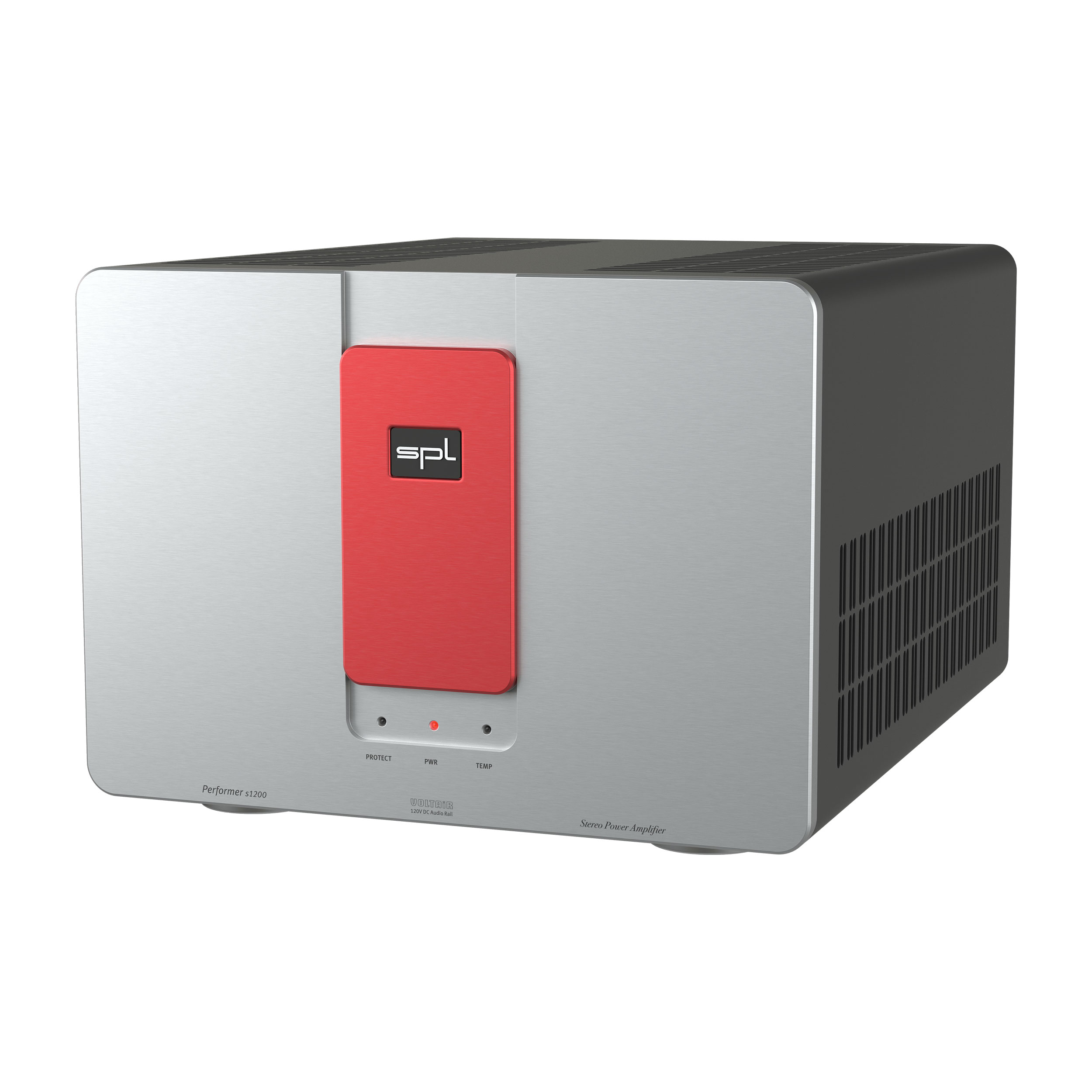 SPL Performer s1200 Stereo-Endstufe rechte Seite Front Silber-Rot Gehäuse Schwarz Bildformat 1zu1 weißer Hintergrund SPL Performer s1200 Stereo-Endstufe rechte Seite Front Silber-Rot Gehäuse Schwarz Bildformat 1zu1 weißer Hintergrund