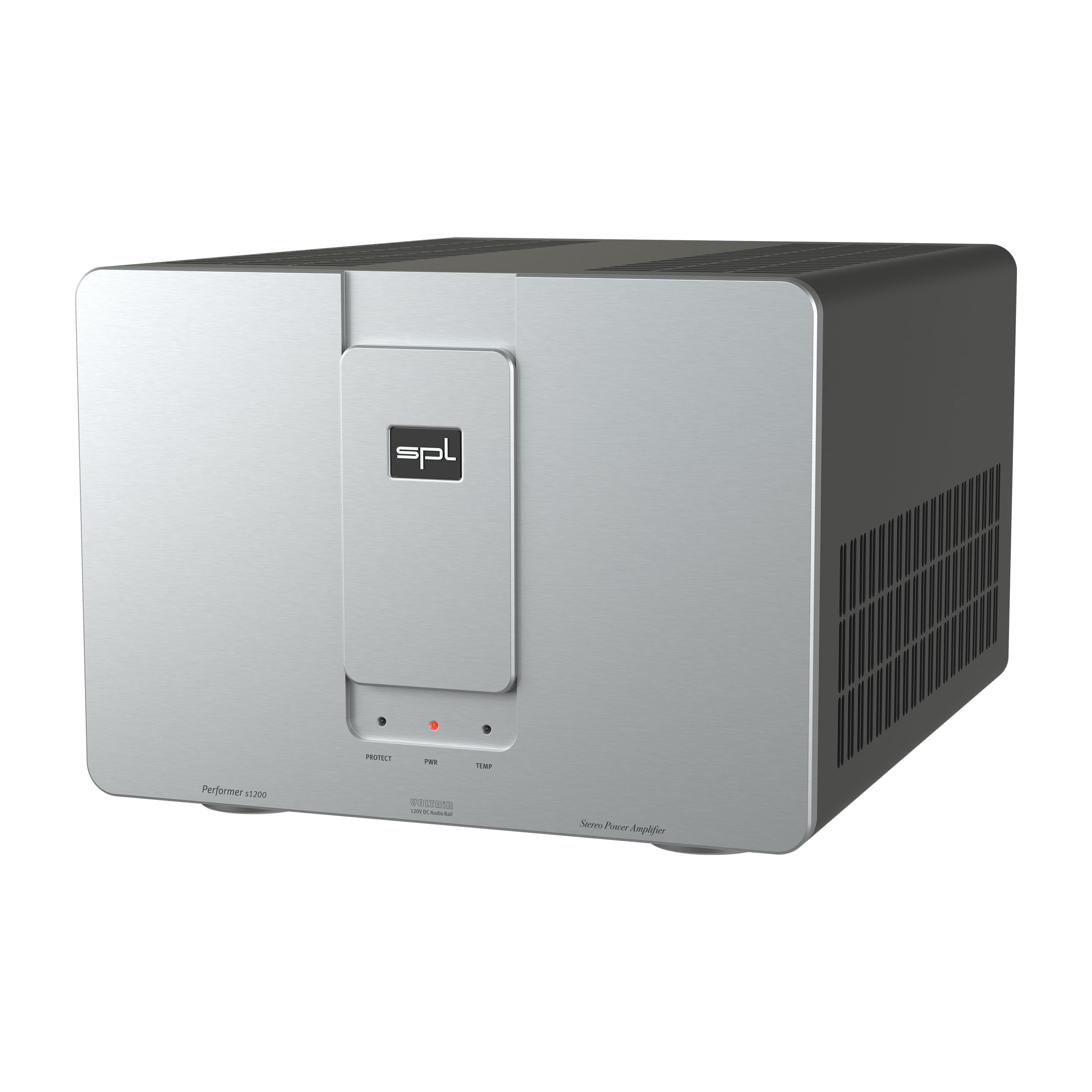SPL Performer s1200 Stereo-Endstufe rechte Seite Front Silber-Silber Gehäuse Schwarz Bildformat 1zu1 weißer Hintergrund SPL Performer s1200 Stereo-Endstufe rechte Seite Front Silber-Silber Gehäuse Schwarz Bildformat 1zu1 weißer Hintergrund