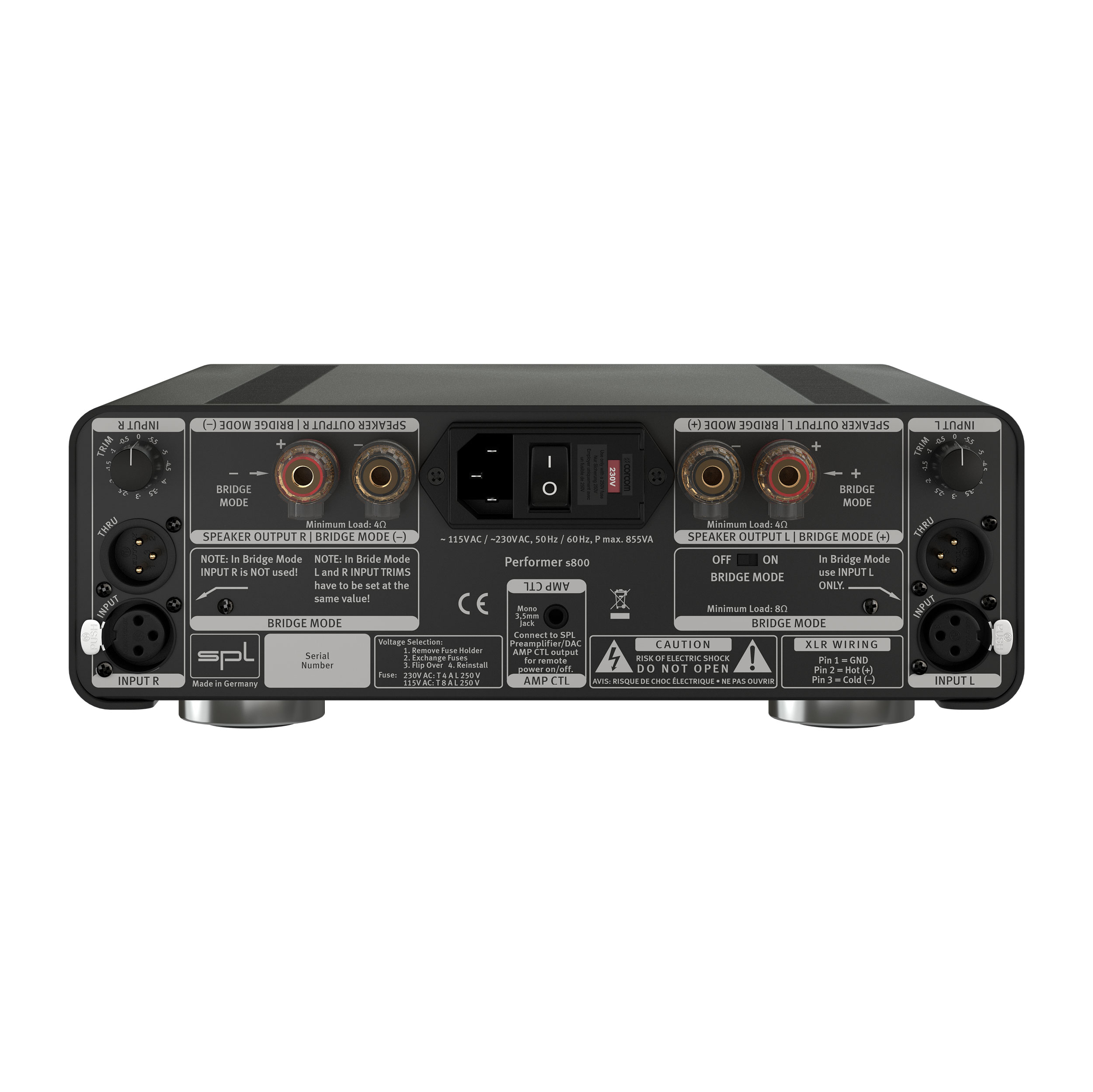 SPL Performer s800 Stereo-Endstufe Back Gehäuse Schwarz Bildformat 1zu1 weißer Hintergrund SPL Performer s800 Stereo-Endstufe Back Gehäuse Schwarz Bildformat 1zu1 weißer Hintergrund