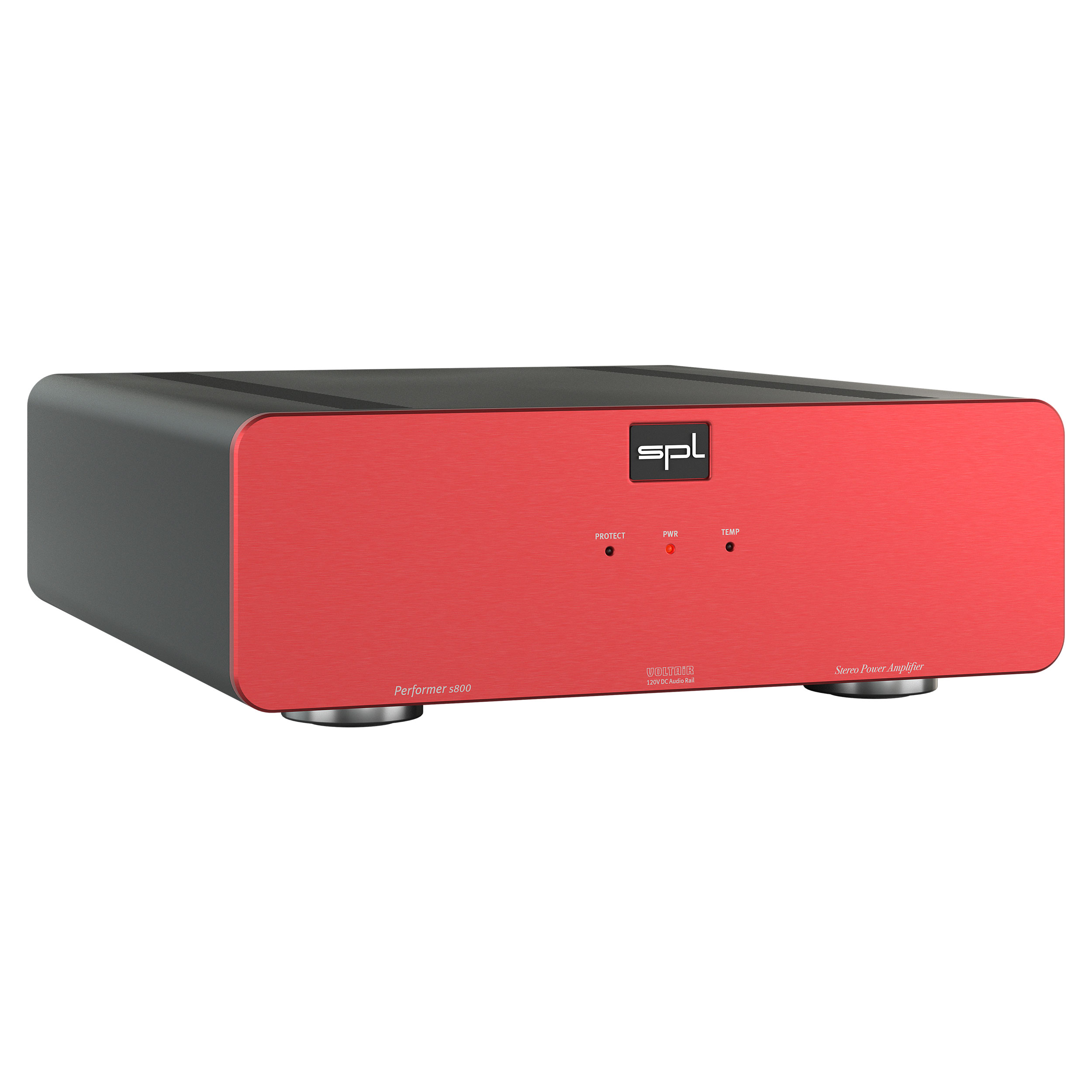 SPL Performer s800 Stereo-Endstufe linke Seite Front Rot Gehäuse Schwarz Bildformat 1zu1 weißer Hintergrund SPL Performer s800 Stereo-Endstufe linke Seite Front Rot Gehäuse Schwarz Bildformat 1zu1 weißer Hintergrund