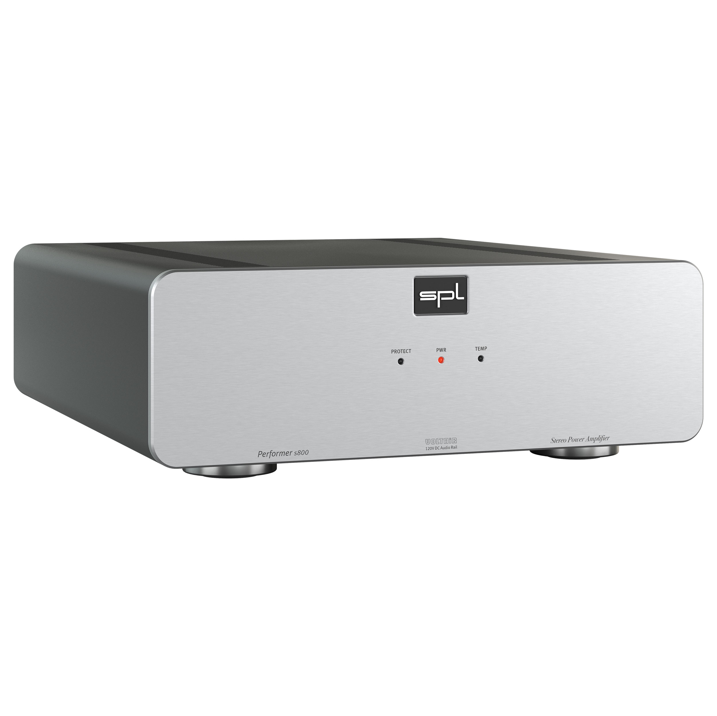 SPL Performer s800 Stereo-Endstufe linke Seite Front Silber Gehäuse Schwarz Bildformat 1zu1 weißer Hintergrund SPL Performer s800 Stereo-Endstufe linke Seite Front Silber Gehäuse Schwarz Bildformat 1zu1 weißer Hintergrund