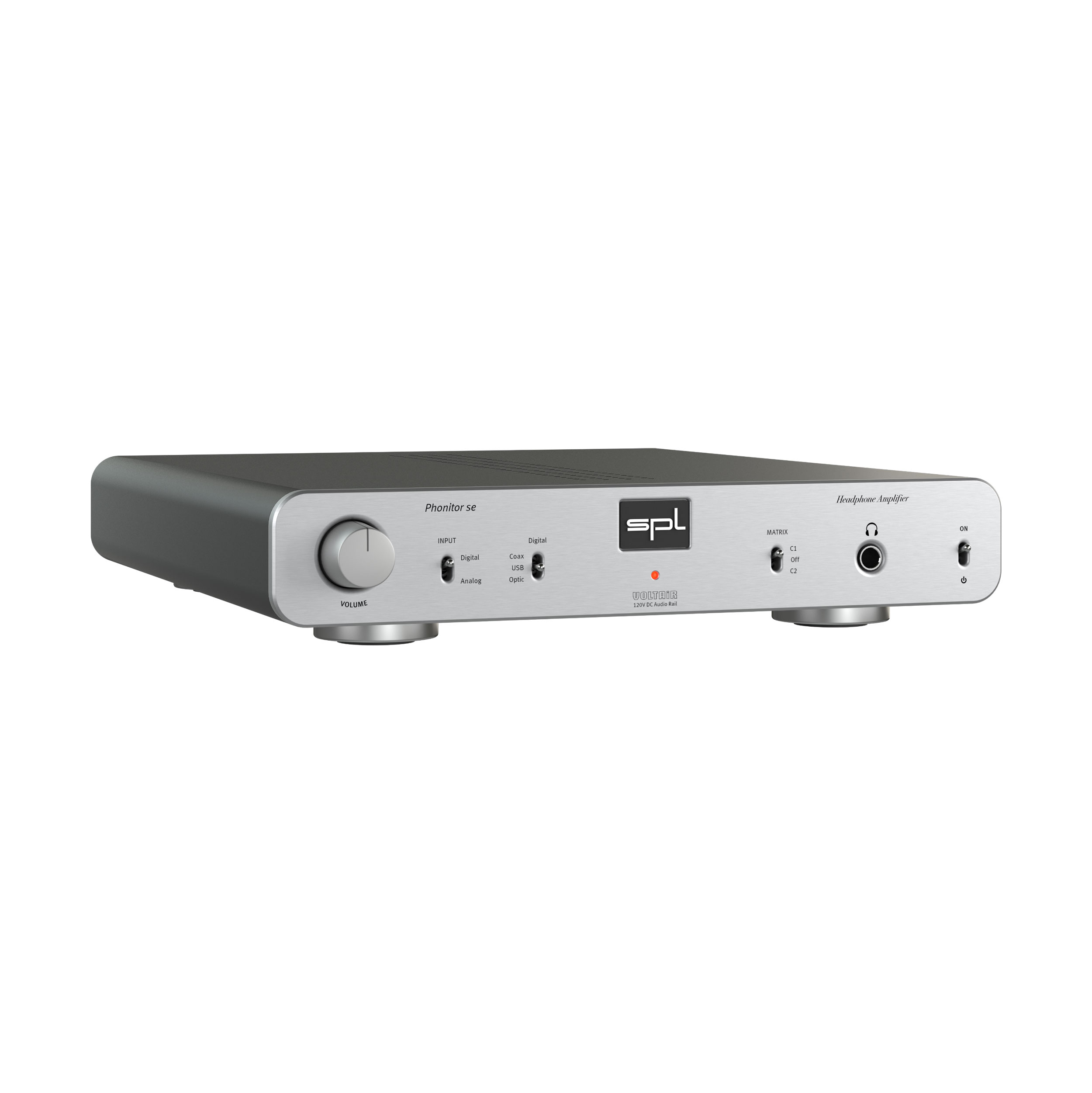 SPL Phonitor se Kopfhörerverstärker linke Seite Front Silber Gehäuse Schwarz Bildformat 1zu1 weißer Hintergrund SPL Phonitor se Kopfhörerverstärker linke Seite Front Silber Gehäuse Schwarz Bildformat 1zu1 weißer Hintergrund