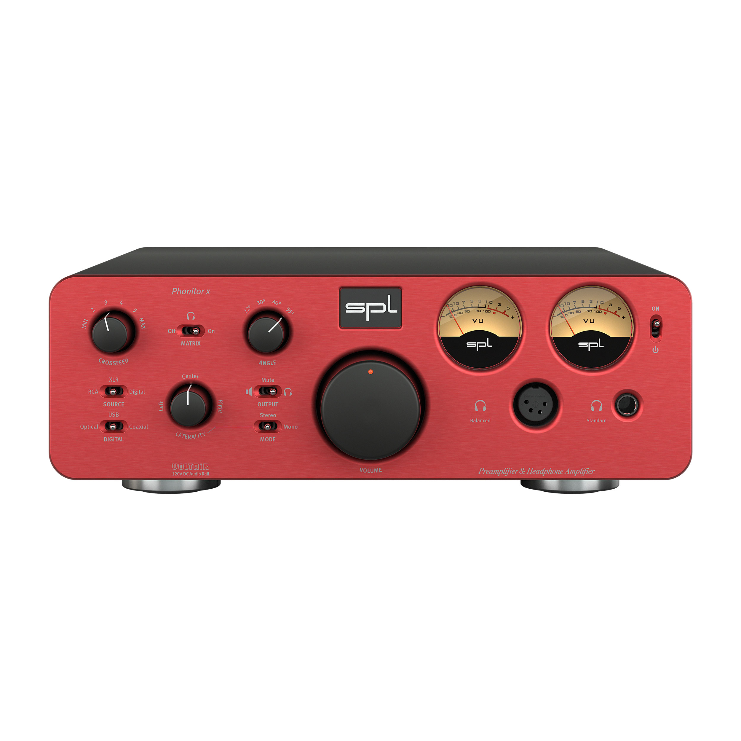 SPL Phonitor x Kopfhörerverstärker mit Vorverstärker Front Rot Gehäuse Schwarz Bildformat 1zu1 weißer Hintergrund SPL Phonitor x Kopfhörerverstärker mit Vorverstärker Front Rot Gehäuse Schwarz Bildformat 1zu1 weißer Hintergrund