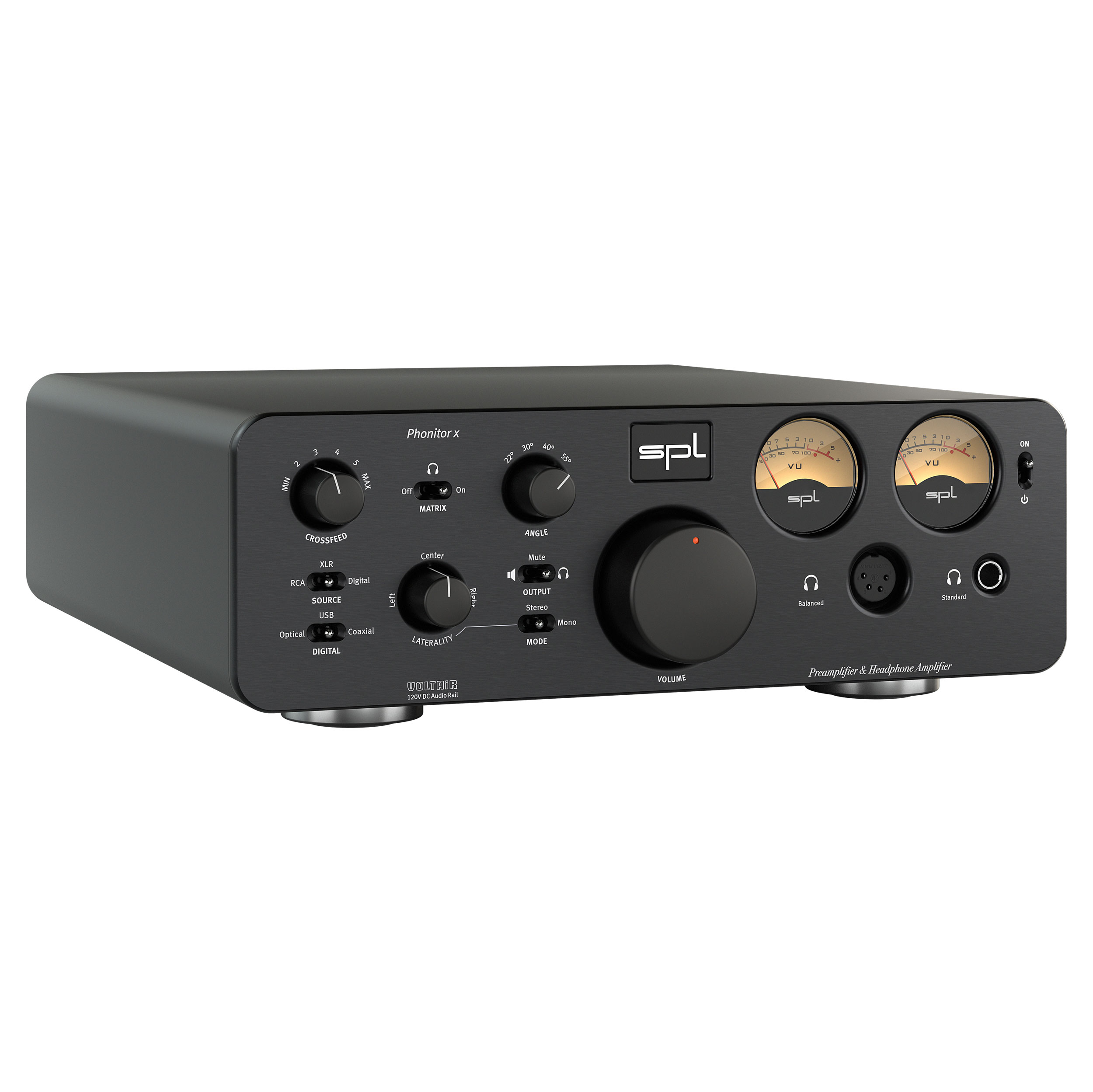 SPL Phonitor x Kopfhörerverstärker mit Vorverstärker linke Seite Front Schwarz Gehäuse Schwarz Bildformat 1zu1 weißer Hintergrund SPL Phonitor x Kopfhörerverstärker mit Vorverstärker linke Seite Front Schwarz Gehäuse Schwarz Bildformat 1zu1 weißer Hintergrund