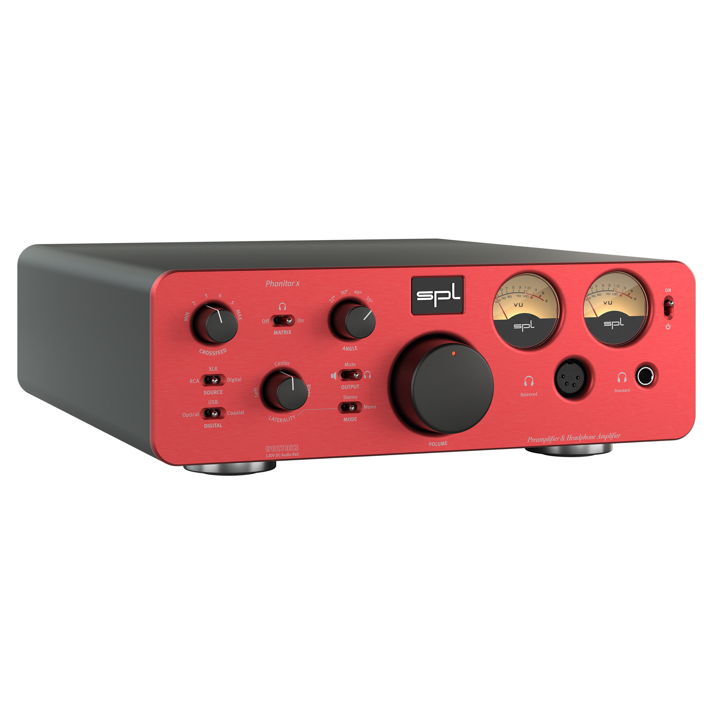 SPL Phonitor x Kopfhörerverstärker mit Vorverstärker linke Seite Front Rot Gehäuse Schwarz Bildformat 1zu1 weißer Hintergrund SPL Phonitor x Kopfhörerverstärker mit Vorverstärker linke Seite Front Rot Gehäuse Schwarz Bildformat 1zu1 weißer Hintergrund