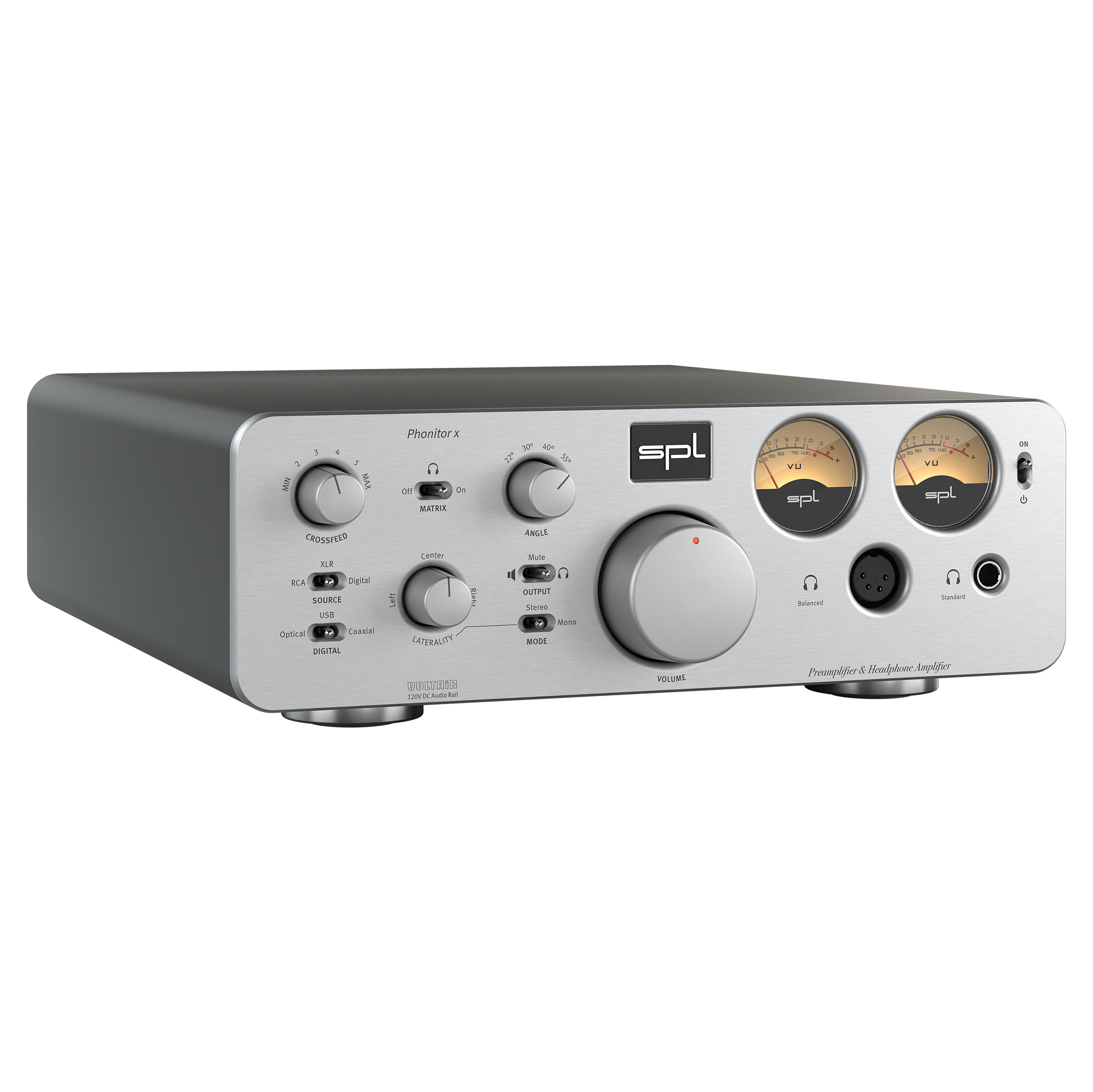 SPL Phonitor x Kopfhörerverstärker mit Vorverstärker linke  Seite Front Silber Gehäuse Schwarz Bildformat 1zu1 weißer Hintergrund SPL Phonitor x Kopfhörerverstärker mit Vorverstärker linke Seite Front Silber Gehäuse Schwarz Bildformat 1zu1 weißer Hintergrund