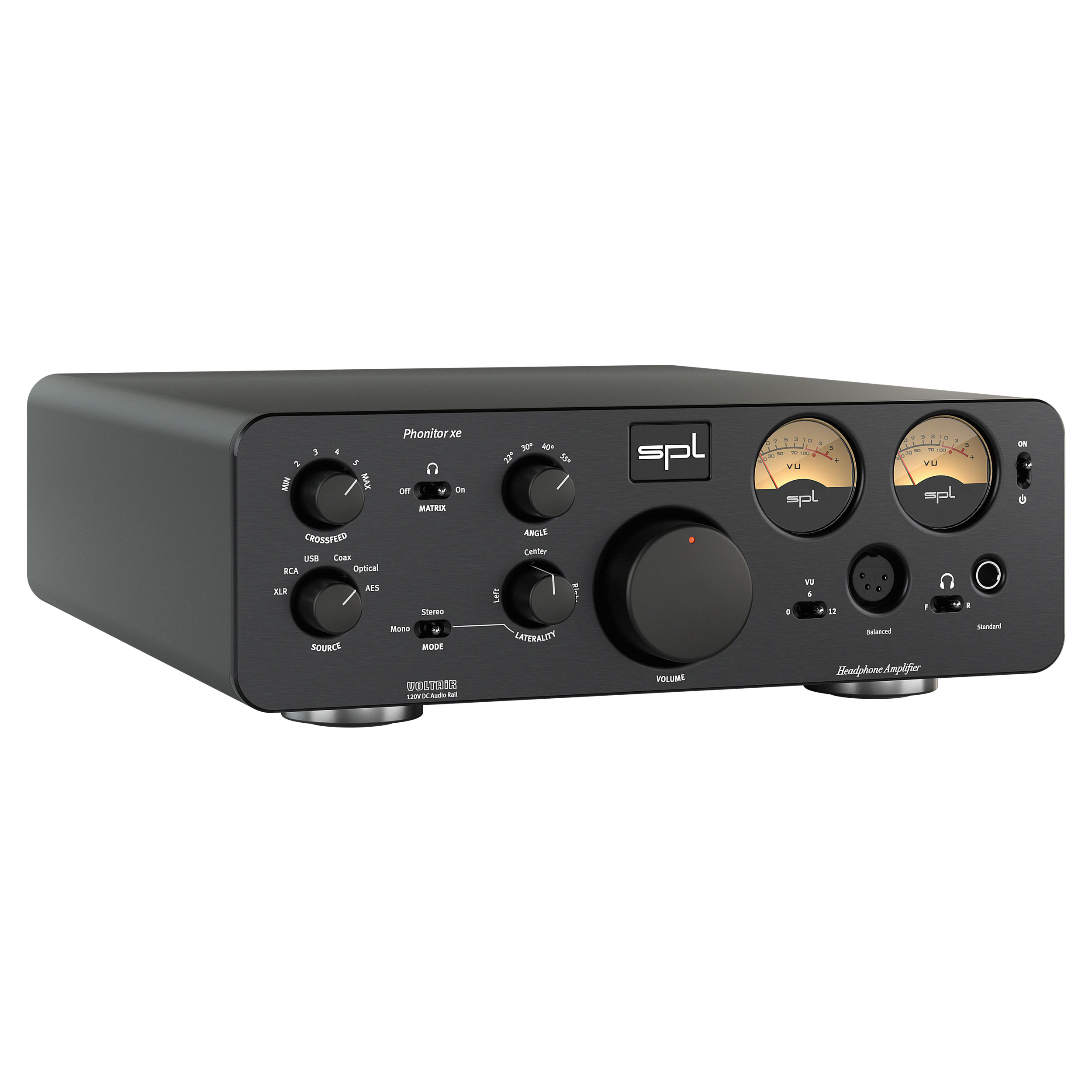 SPL Phonitor xe Kopfhörerverstärker linke Seite Front Schwarz Gehäuse Schwarz Bildformat 1zu1 weißer Hintergrund SPL Phonitor xe Kopfhörerverstärker linke Seite Front Schwarz Gehäuse Schwarz Bildformat 1zu1 weißer Hintergrund