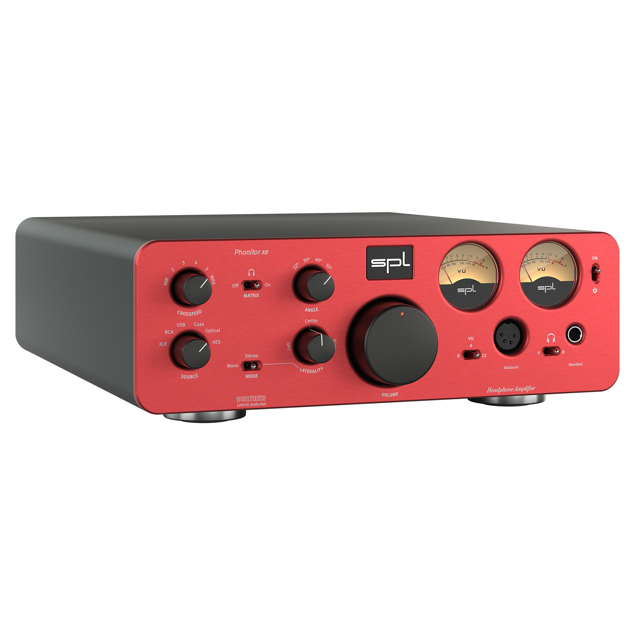 SPL Phonitor xe Kopfhörerverstärker linke Seite Front Rot Gehäuse Schwarz Bildformat 1zu1 weißer Hintergrund SPL Phonitor xe Kopfhörerverstärker linke Seite Front Rot Gehäuse Schwarz Bildformat 1zu1 weißer Hintergrund