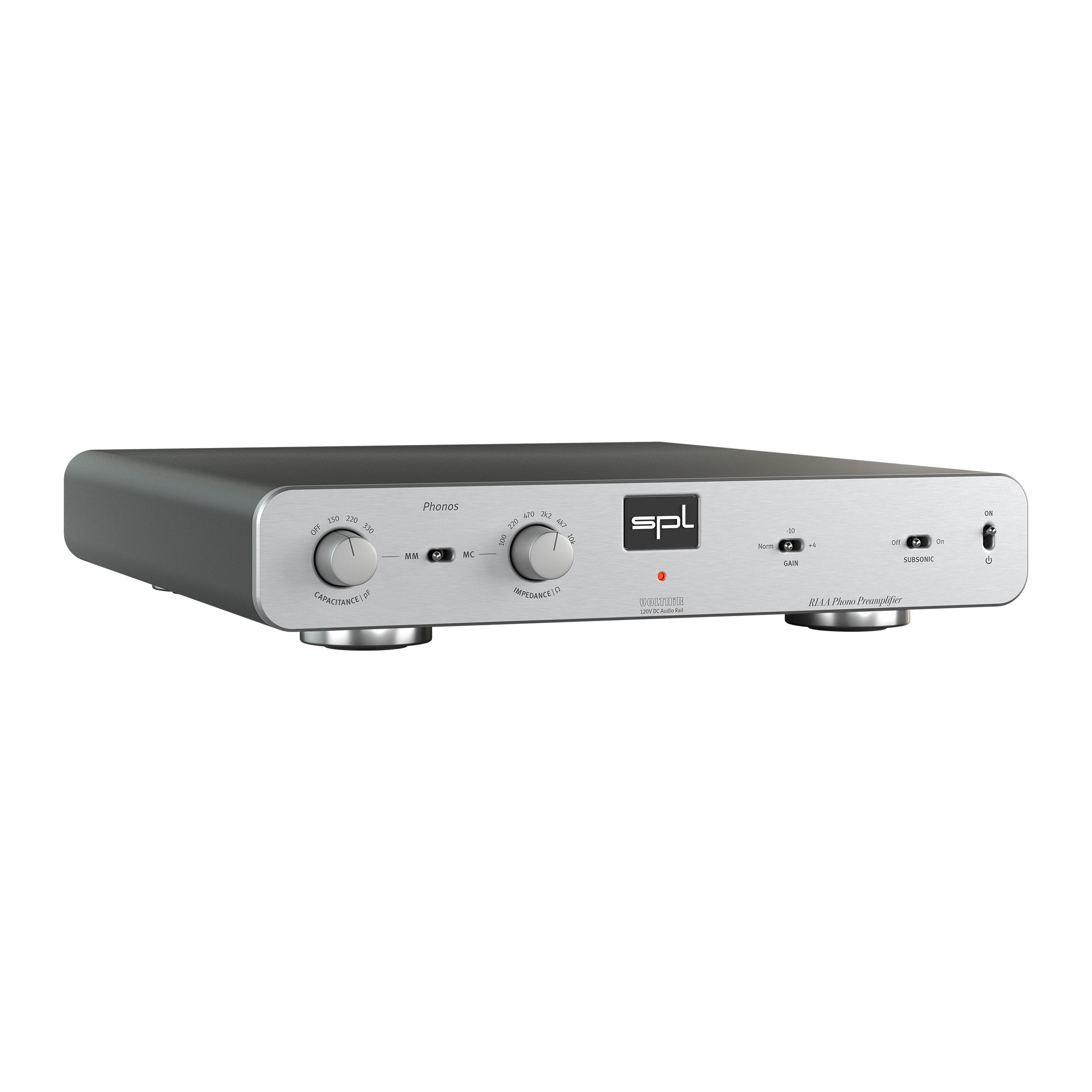 SPL Phonos linke Seite Front Silber Gehäuse Schwarz Bildformat 1zu1 weißer Hintergrund SPL Phonos linke Seite Front Silber Gehäuse Schwarz Bildformat 1zu1 weißer Hintergrund