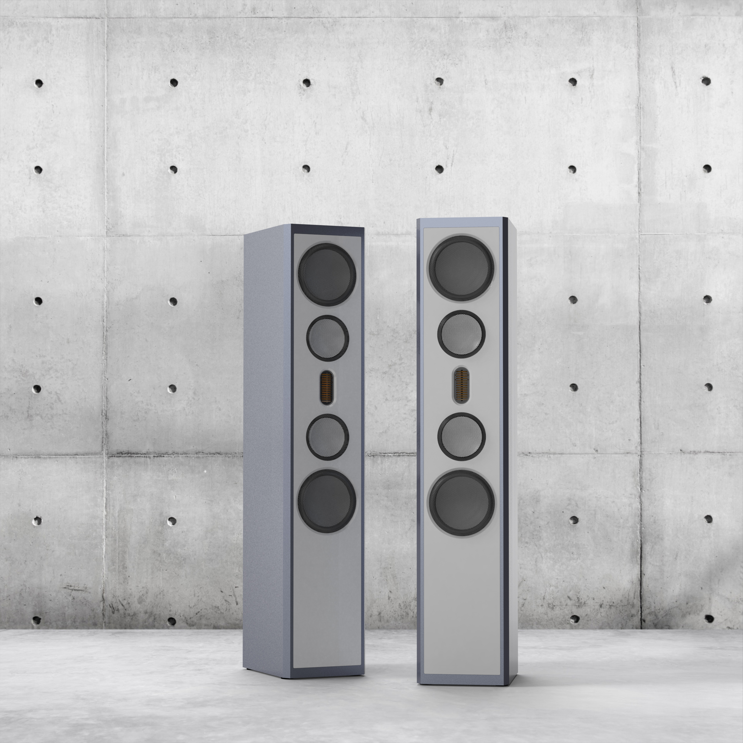 AUDAPHON MIA THREE HE Standlautsprecher Metalliclack blau und weiße Front Bildformat 1zu1 mit Beton Hintergrund