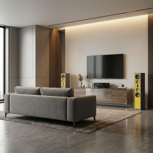 AUDAPHON LIA Three HE Standlautsprecher Gelb im Wohnzimmer Bildformat 1zu1