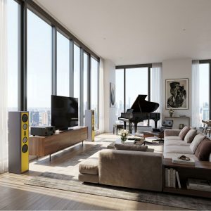 AUDAPHON LIA Three HE Standlautsprecher Gelb im Raum in Stadt Bildformat 1zu1